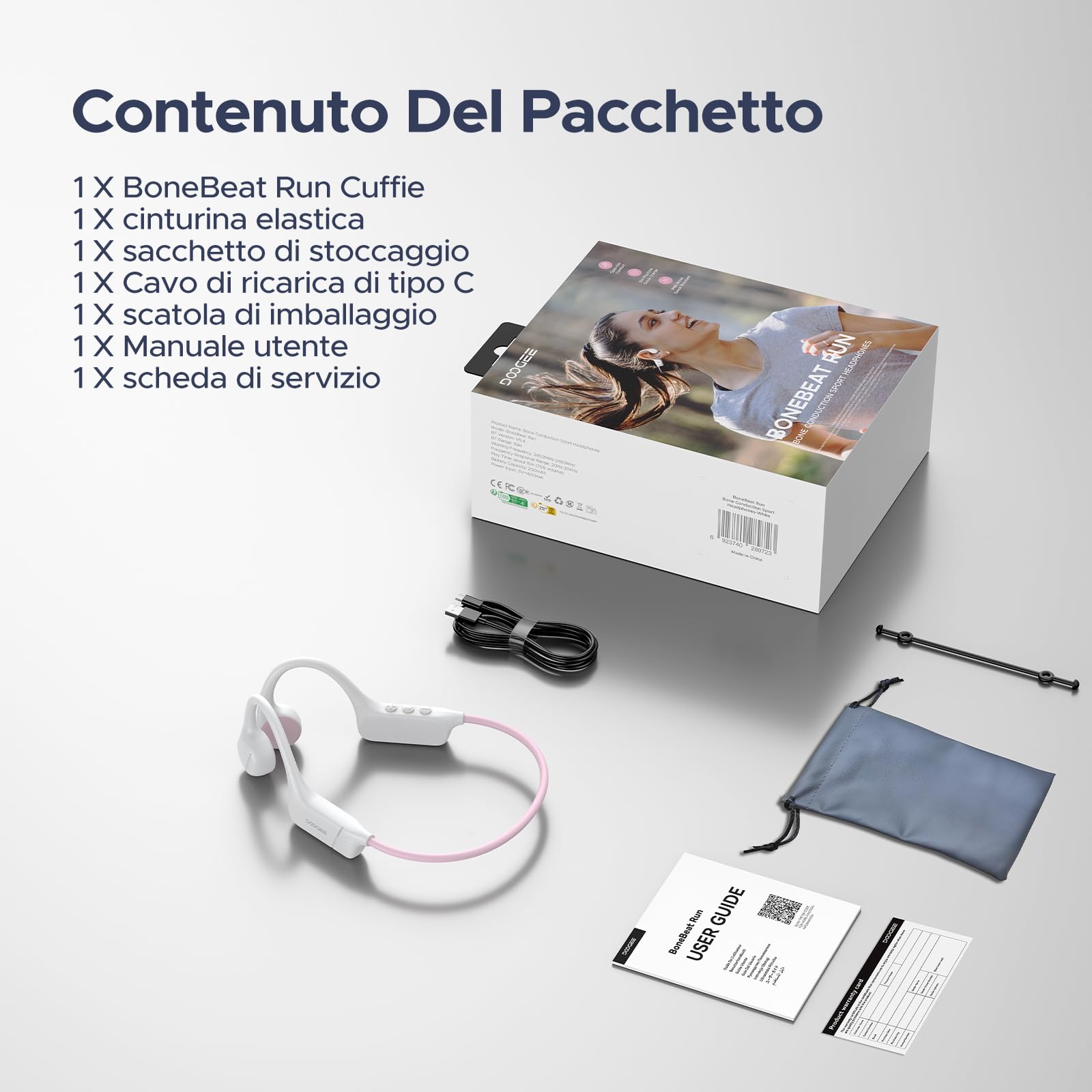 Bone Beat Run Cuffie Conduzione Ossea, Auricolari Sport Bluetooth Impermeabili IP66 Senza Tappi, 10h Autonomia Ricarica Rapida Doppia EQ Orecchie Aperte per Corsa Ciclismo Palestra - Blu
