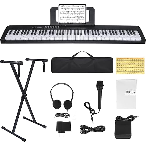 88 Key Piano Keyboard, Electric Digital Piano with Semi Weighted Keys, Keyboard Piano with Sustain Pedal, Power Supply, Stand, Carrying Case, Headphones, USB-MIDI Compatibility, for Beginner Adults