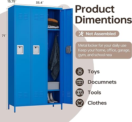 Miniatura 3 de Armario de metal para empleados, armario grande de almacenamiento de acero, 3 puertas, organizadores para escuela, gimnasio, hogar, oficina,