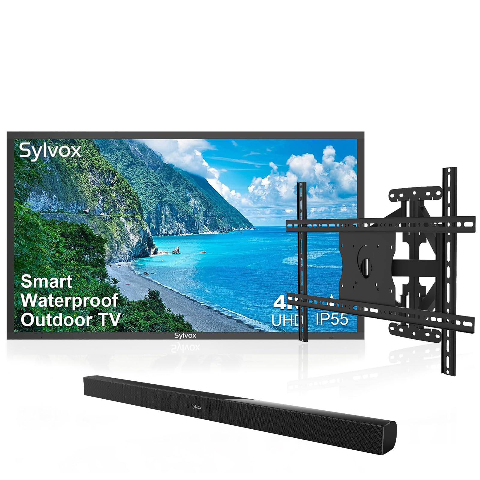 SYLVOXOutdoor TV, 43'' Smart Waterproof Television, 4K UHD, HDR10, Google OS, 1000nits for Partial Sun Area, with Waterproof Soundbar & Wall Mount