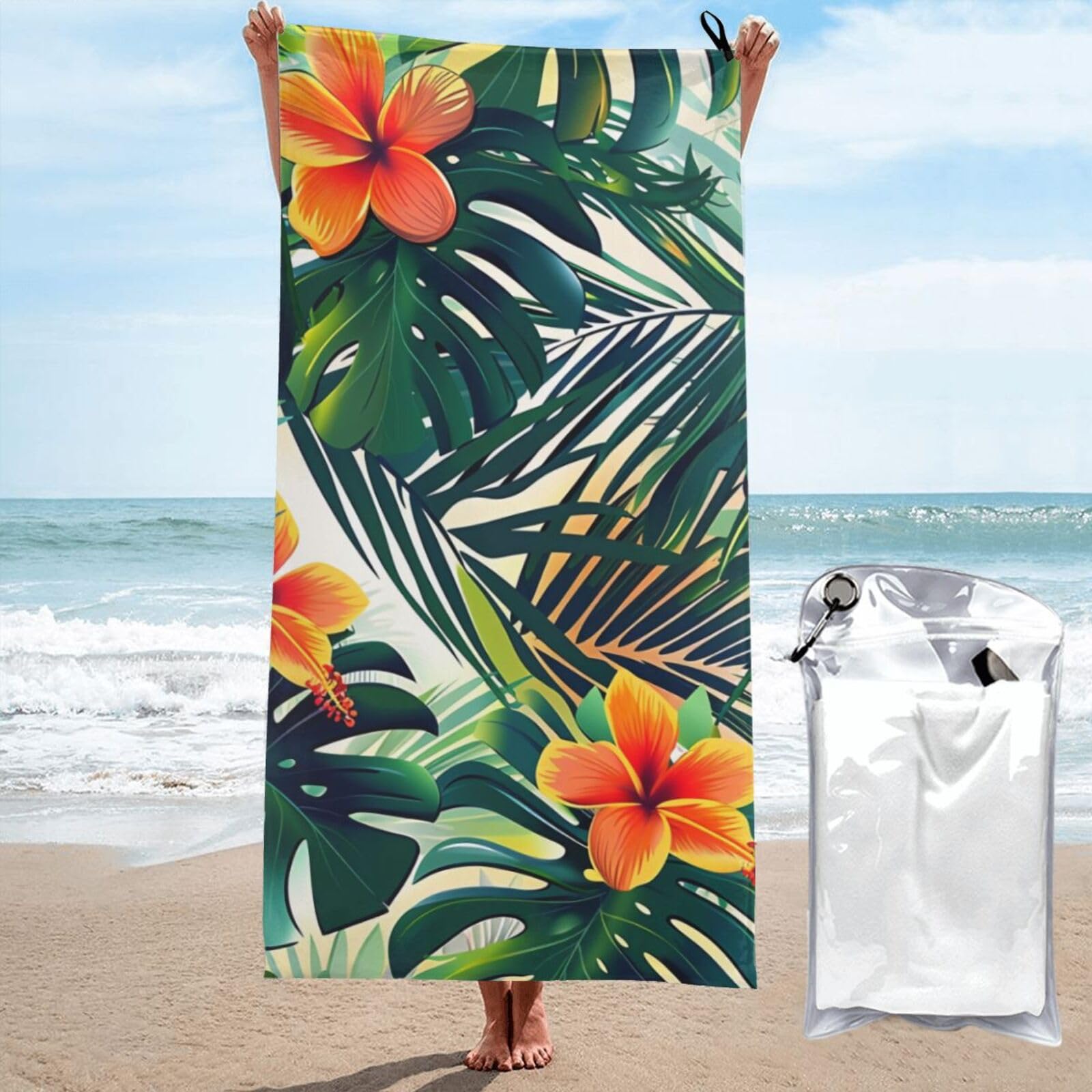 kkvhhyuo Microfiber Beach Towel, Tropical Summer Hawaiian Flower Palm Leaves Printed Lightweight Quick Dry Travel Bath Sheet with Compact Carry Bag for Swimming Yoga Camping Gym,31.5"x63"
