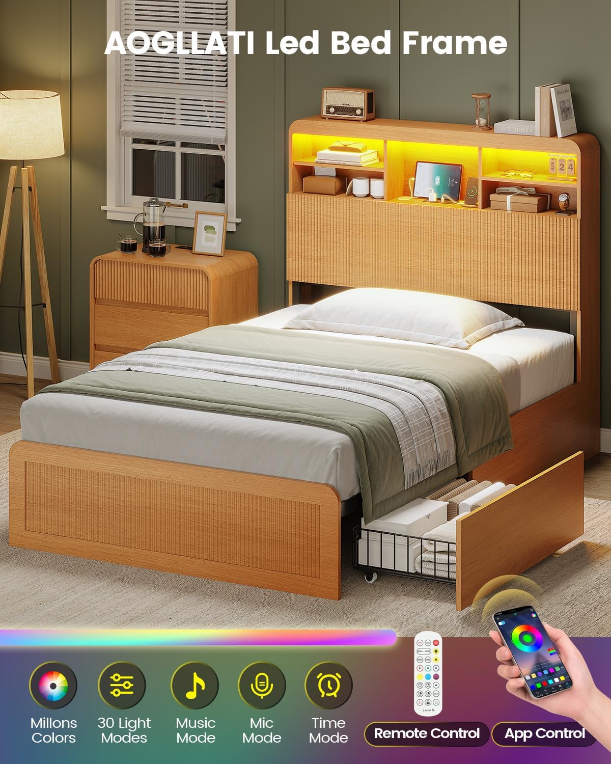 Headboard with hidden storage compartment open