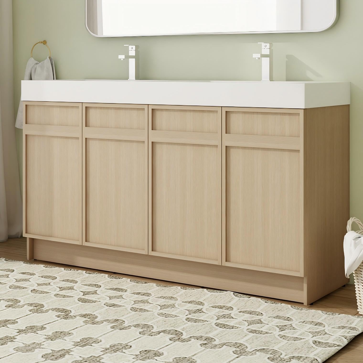 Calieton 60 Inch Freestanding Vanity, Double Sink Floor Stand Vanity Combo, Modern Brown Bathroom Vanity Set with 4 Doors and White Basin Sink