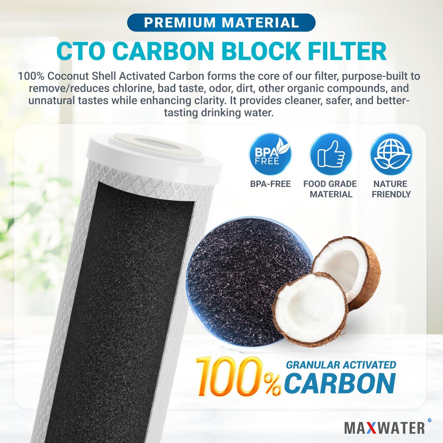 Max Water 20 x 4.5 Coconut Shell Carbon Block Water Filter – 5 Micron CTO Whole House Well Water Filtration Replacement for FC25B, EPM-20BB, CB-BB-20, 155783-43 (2-Pack)