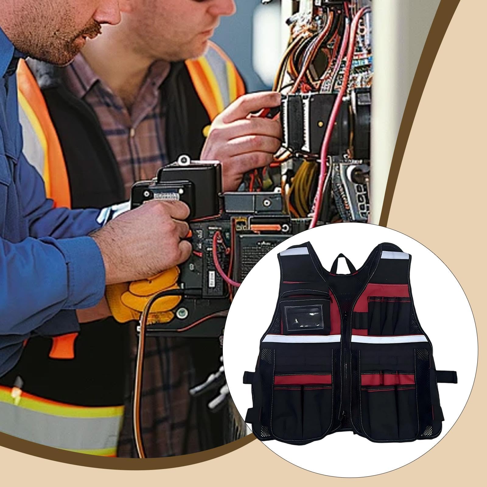 Chaleco Portaherramientas Ligero para Adultos, Ideal para Trabajos de Mantenimiento Al Aire Libre Y Fontanería, Color Negro Y Azul, negro y rojo