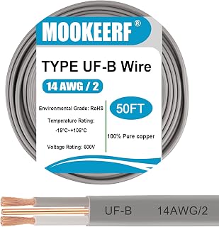 14/2 UF-B Wire - 50FT 14 Gauge Direct Burial Electrical Cable 100% Pure Copper 14AWG 2 Connector for Underground Feeder Wet or Corrosive Locations Indoor & Outdoor etc