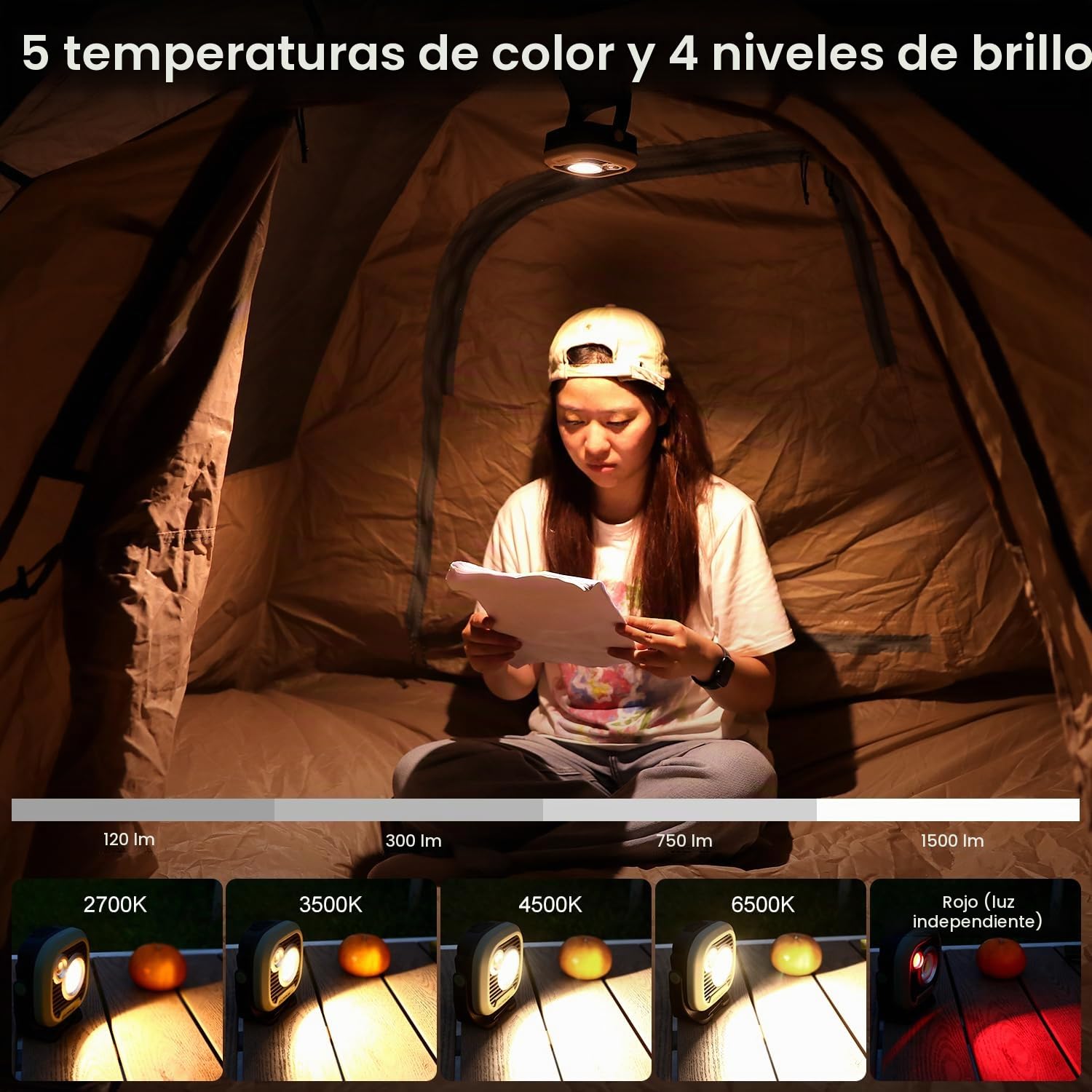KLARUS WL3 Linterna de Trabajo de 1500 lm , Luz de camping, luz de trabajo recargable de 13500 mAh, linterna de camping con 6 modos&5 colores, base magnética, gancho, lámpara de inspección IPX5
