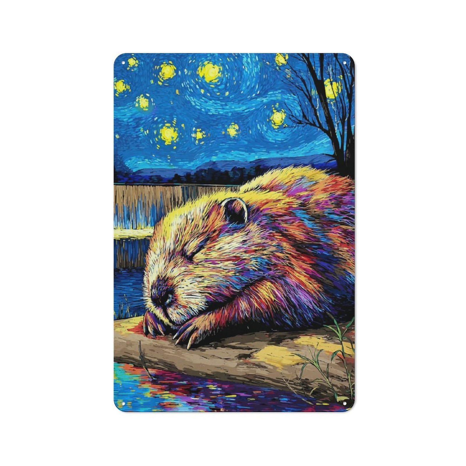 Junmoney Starry Night Beaver Vintage Tin Wall Plaque 30X20cm For Kitchen Or Home Bar, For Vintage Wall Decor Fans, For Themed Room Decoration