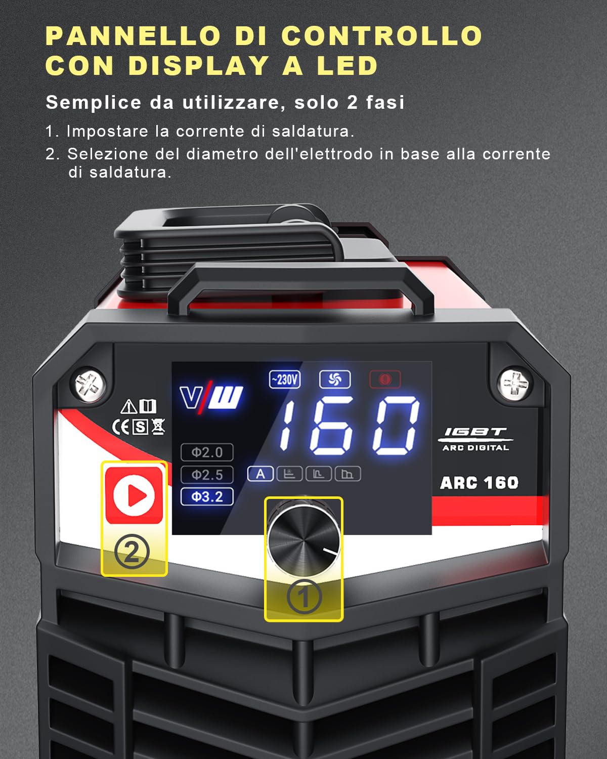 VECTOR WELDING 160A Saldatrice a Elettrodi, MMA/ARC/STICK Inverter Saldatrice, Saldatrice Portatile con IGBT e MCU per Principianti e Professionisti, ARC 160 con Hot Start, Arc Force