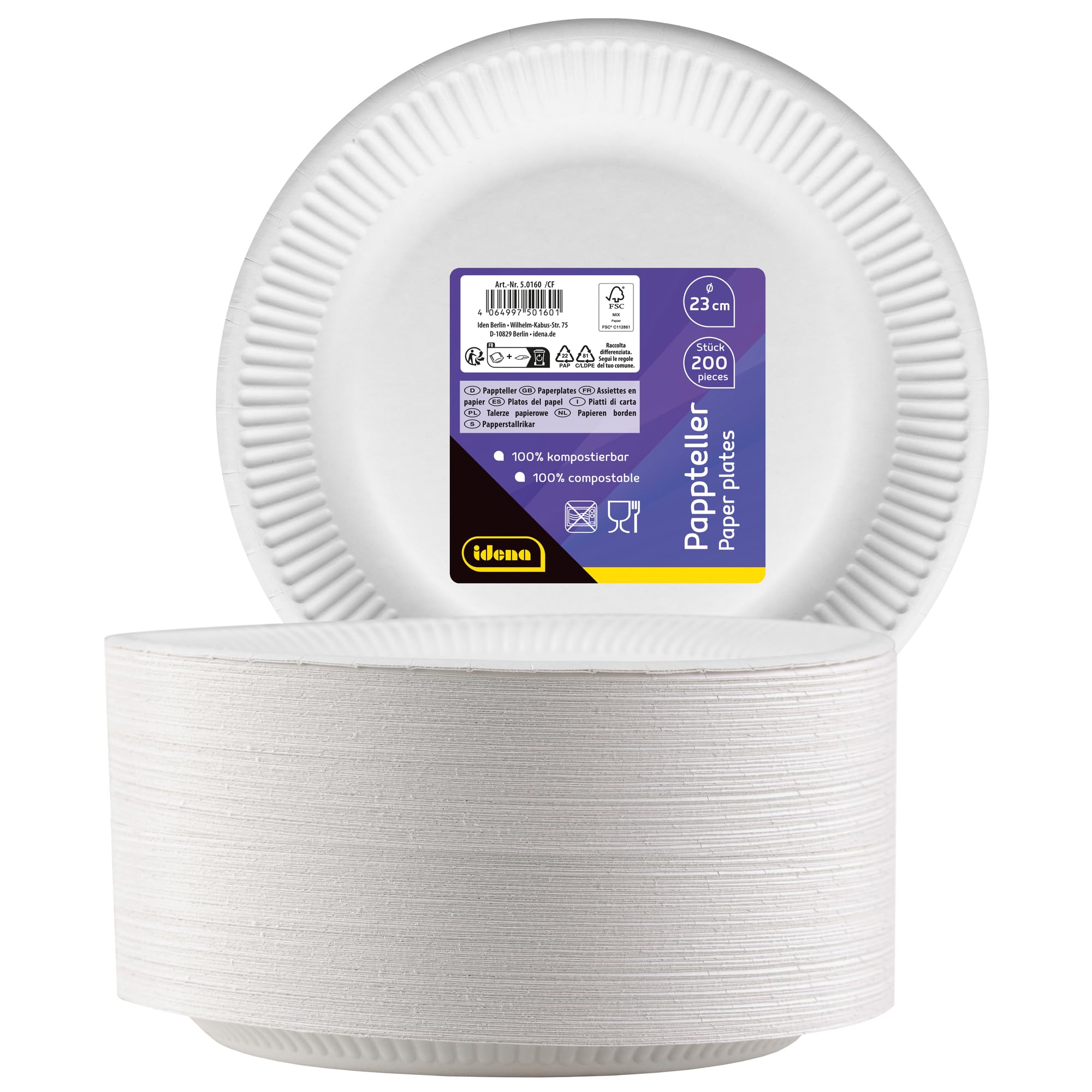 Idena 50160 - Piatto Party Bianco, 200 Pezzi,⌀ 23 cm, Certificato FSC, Piatto di Carta 100% compostabile, per Feste, Barbecue e Picnic - 2