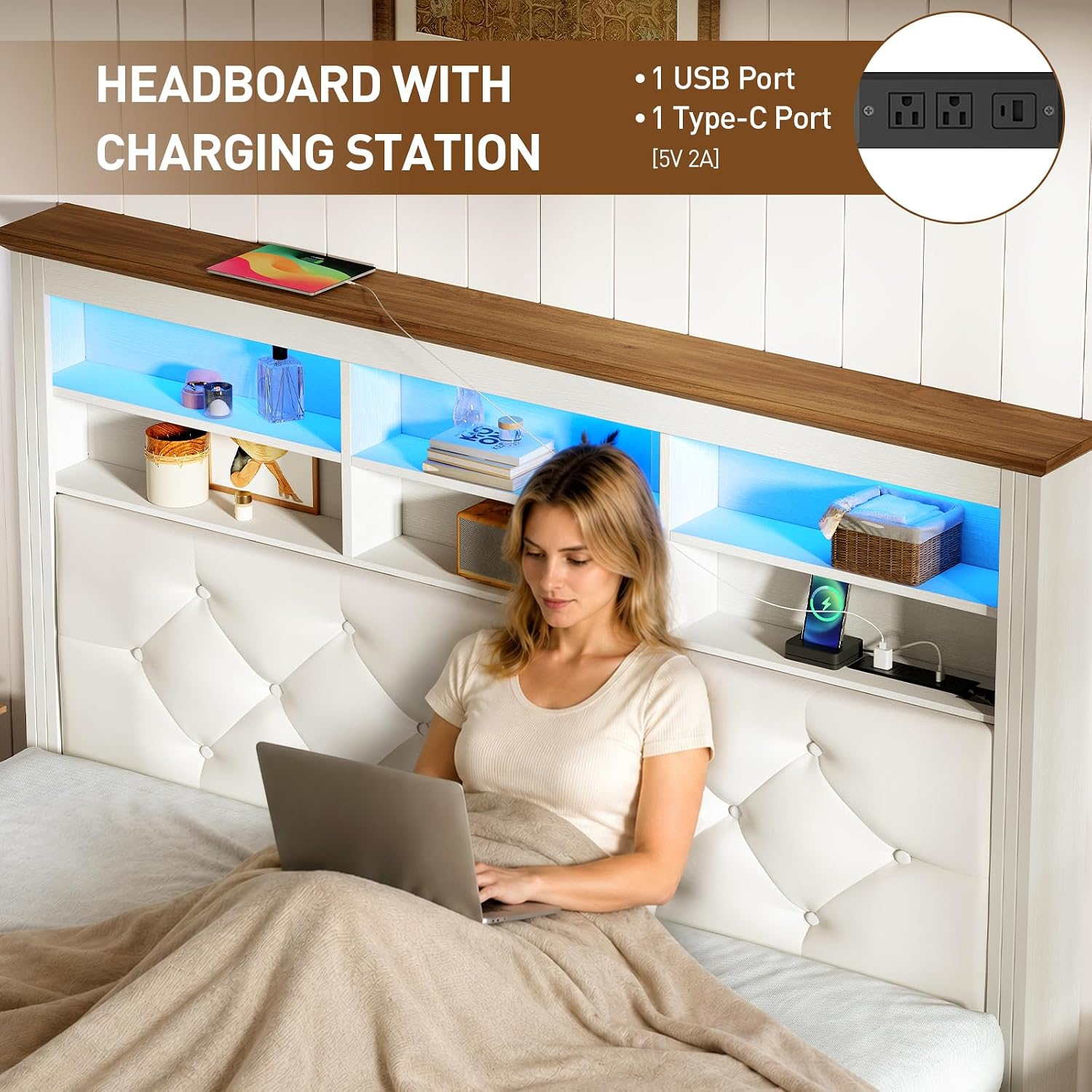 RALGEND Full Bed Frame with 51'' Tall Headboard, Bed Frame Full Size with PU Upholstered Storage Headboard, Charging Station & LED Lights, Noise-Free, No Box Spring Needed, Easy Assembly, White Walnut