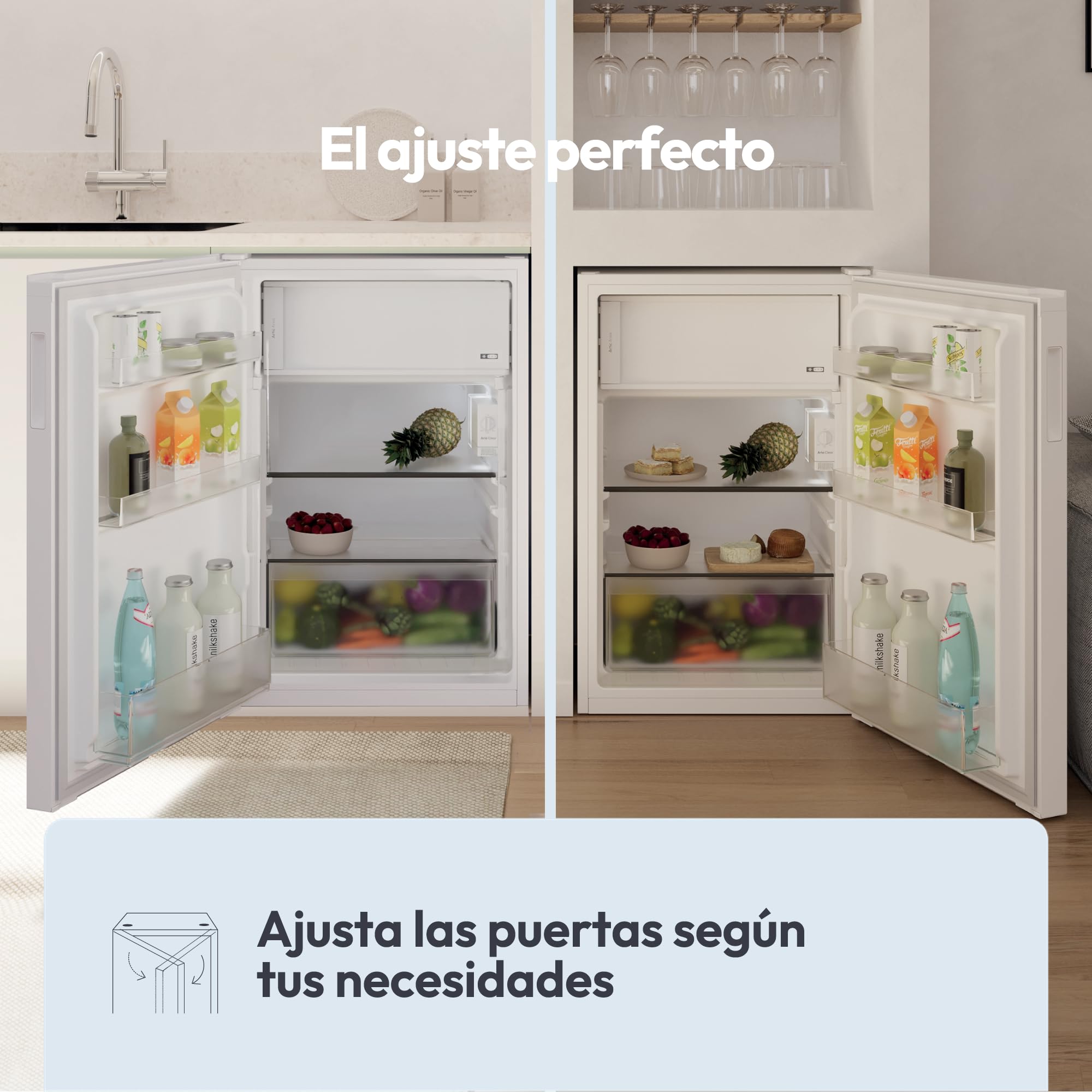 CANDY CNOQ2S58EW, Frigorífico Mini con Congelador, AnchoxAlto 54,5 x 85cm, 114L, 2 Estantes, 3 Balconeras, 1 Cajón, Control Mecánico de la temperatura, Iluminación LED, Altura Ajustable, 37DB, Blanco