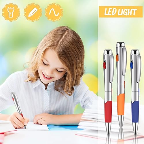 Miniatura 7 de 10 bolígrafos con luz LED, 5 colores 1.0, bolígrafos de tinta negra con linterna, bolígrafos giratorios para escribir en la oscuridad, papelería,