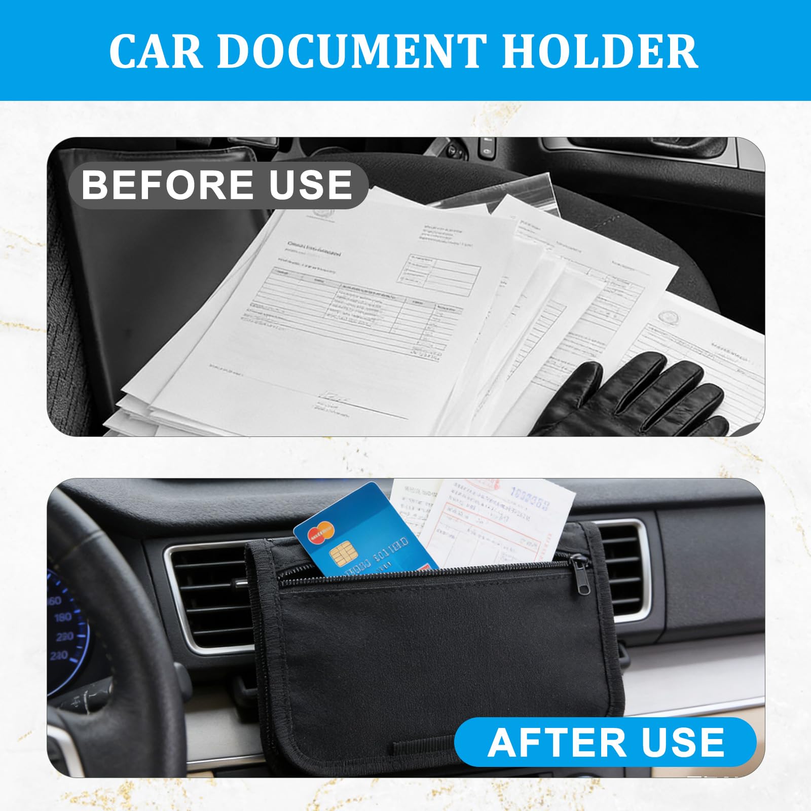 Pochette pour Véhicule, 2 Pièces Porte Document Voiture avec Plusieurs Compartiments, Organisateur de Boîte à Gants pour Voiture Manuelle, Multi-usages Pochette Papier Voiture