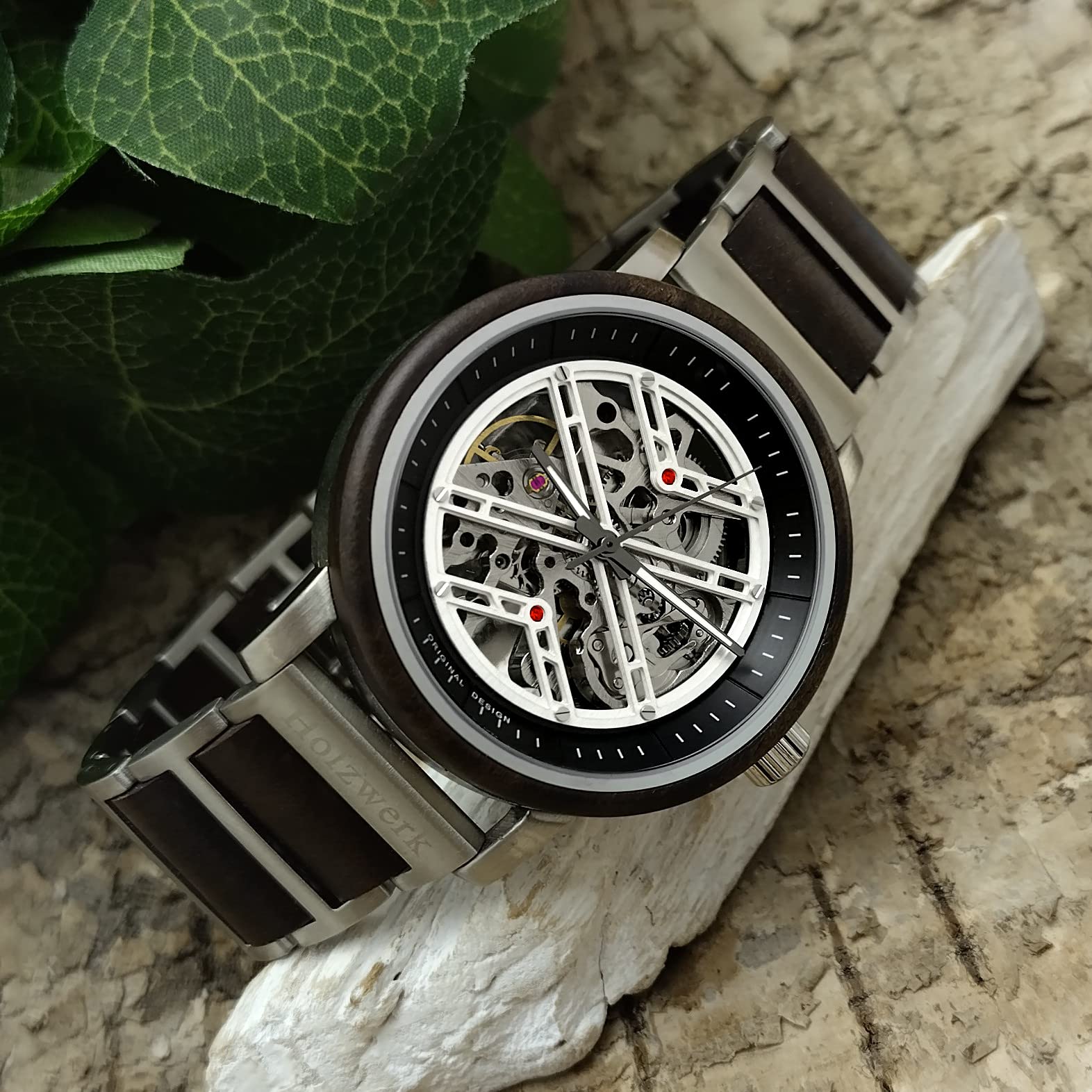 Holzwerk Germany Handgefertigte Automatik Herren-Uhr Öko Natur Holz-Uhr Holz Armband-Uhr Braun Schwarz Silber Analog