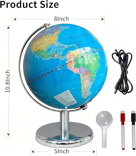 Miniatura 2 de Globo iluminado de 8 pulgadas para niños (globo del mundo con base estable de metal pesado, regrabable, fácil de leer, mapa de alta claridad,