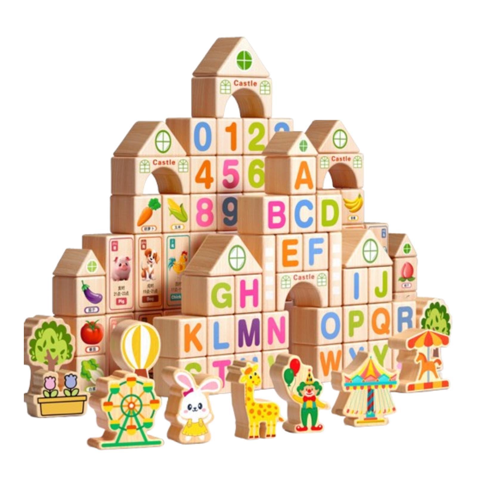 100 Pièces Blocs de Construction Jouet Éducatif en Bois Jeu D'Empilage Cubes Sensoriels avec Lettres et Chiffres pour Le Développement Cognitif Adapt, Emballage en Fût