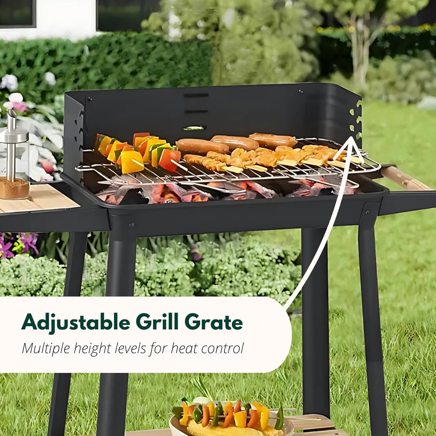 Garden Mile Parrilla de carbón con altura ajustable, carrito portátil para barbacoa con recogedor de cenizas y ruedas para cocinar al aire libre, jardín, fiesta, color negro