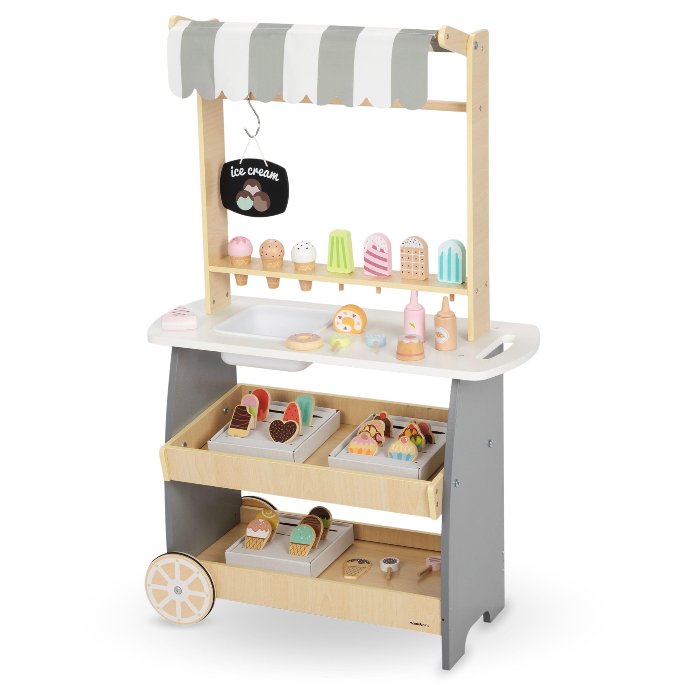 Mamabrum Holz Eisdiele für Kinder 3+, Rollwagen mit EIS, Spielen, Dezentes Design, Reichhaltige Accessoires, Entwickelt Kreativität und Soziale Fähigkeiten