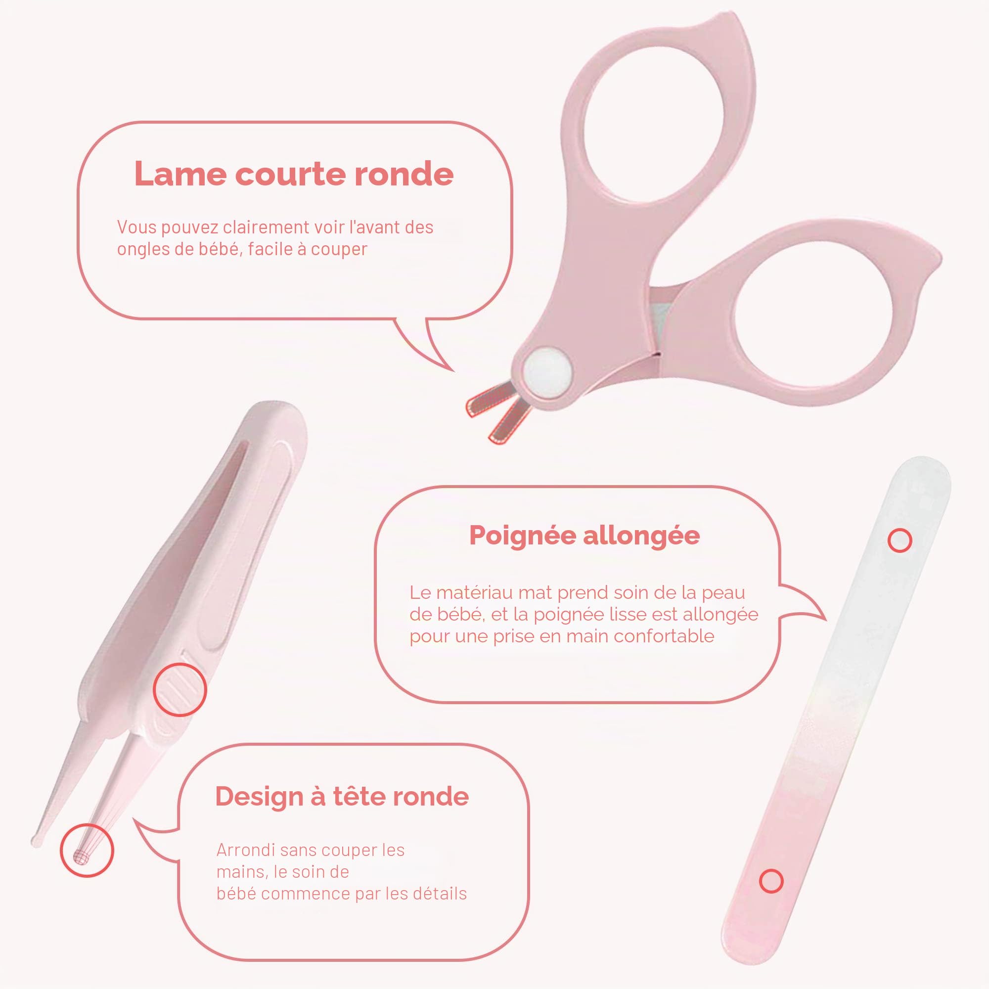 Manucure Bébé | Kit 4-en-1 avec Étui, Coupe-Ongles, Ciseaux, Lime et Pince à Épiler | Kit Soins des Ongles Bébés et Jeunes Enfants | Nouveau-né Spécial Protection pour Bébé (pink)