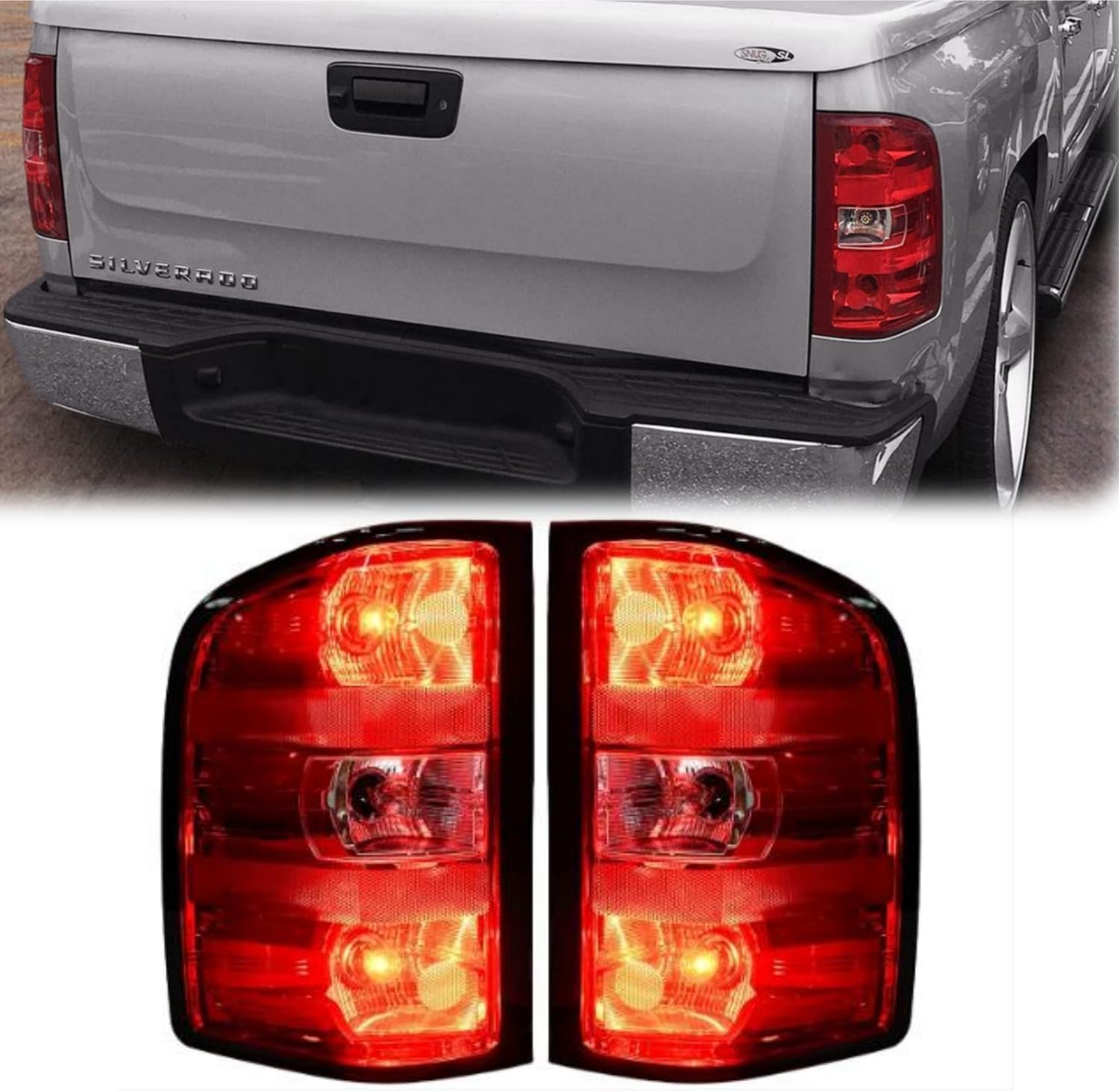 Tail Lights compatible with 2007-2014 Chevy Silverado 1500 2500HD 3500HD(2007 New Body Style only), 2007-2013 GMC Sierra 3500HD;1 Pair(Left+Right), (Pair With Bulbs)
