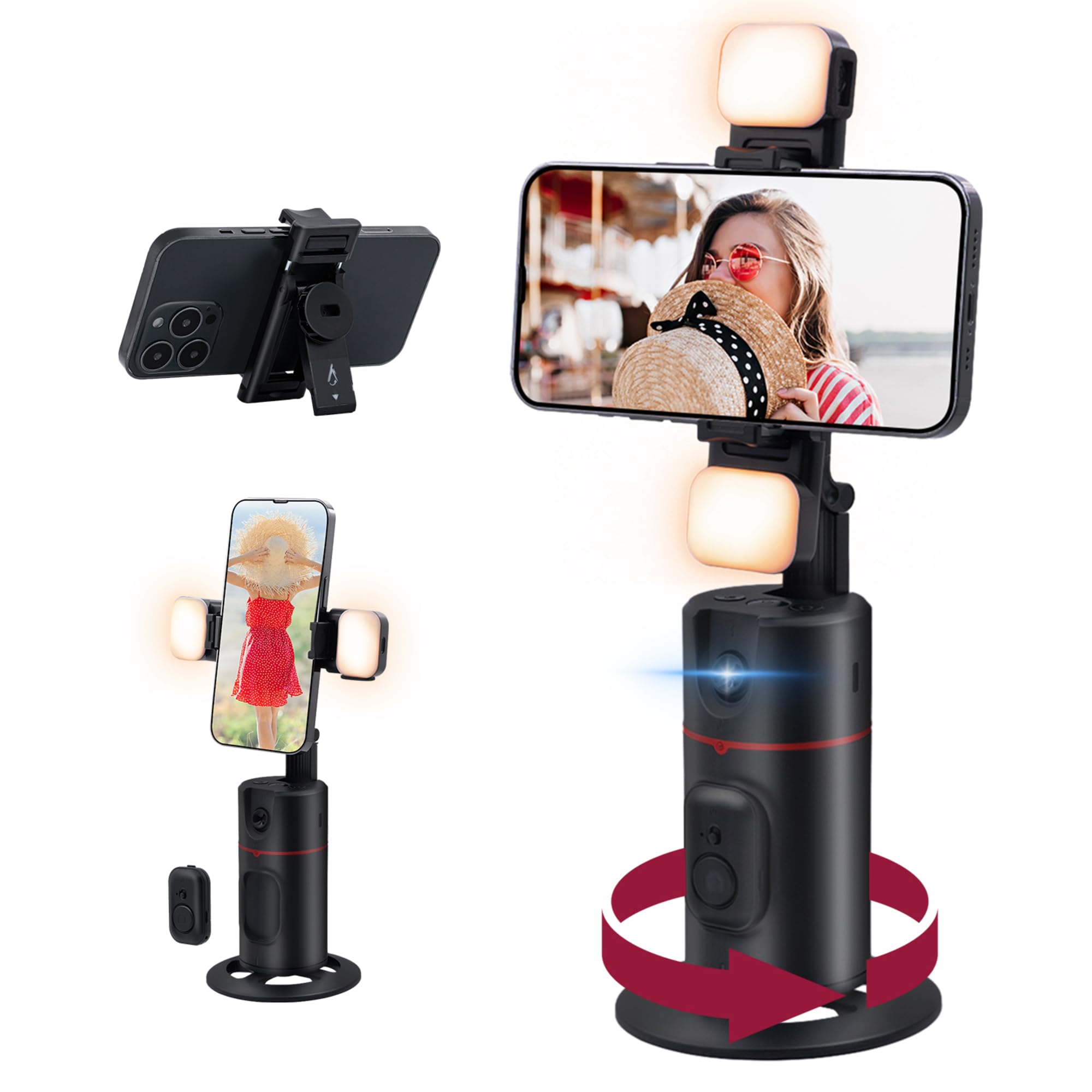 Mcbazel Trépied de Téléphone à Suivi Automatique du Visage avec 2 Lampes à Selfie, Support de Perche Selfie Rotatif Intelligent à 360 °,Support Contrôle Distance/Gestuel/Stabilisateur de Cardan Noir