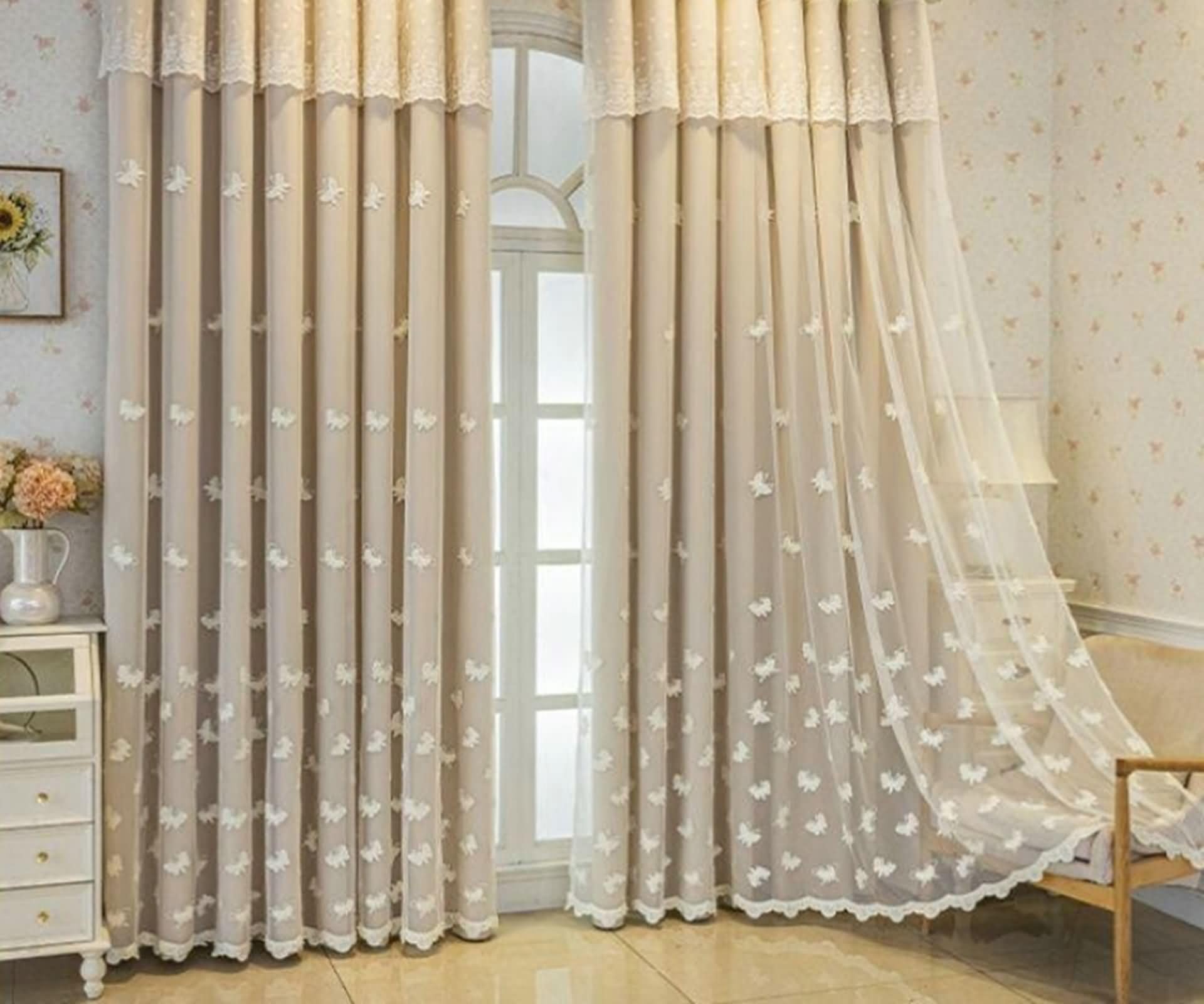 Rideaux occultants beige anti-chaleur avec voilage papillon KnSam