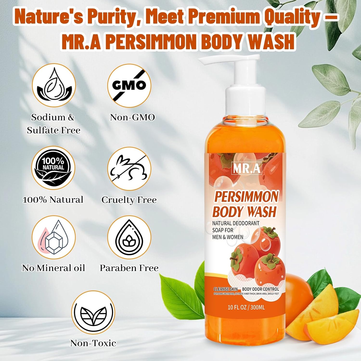 MR.A Persimmon Body Wash for Strong Body Odor, Persimmon Liquid Soap for Old People Smell, Nonenal Eliminator Purifying & Deodorizing Wash 10FL OZ - Image 5