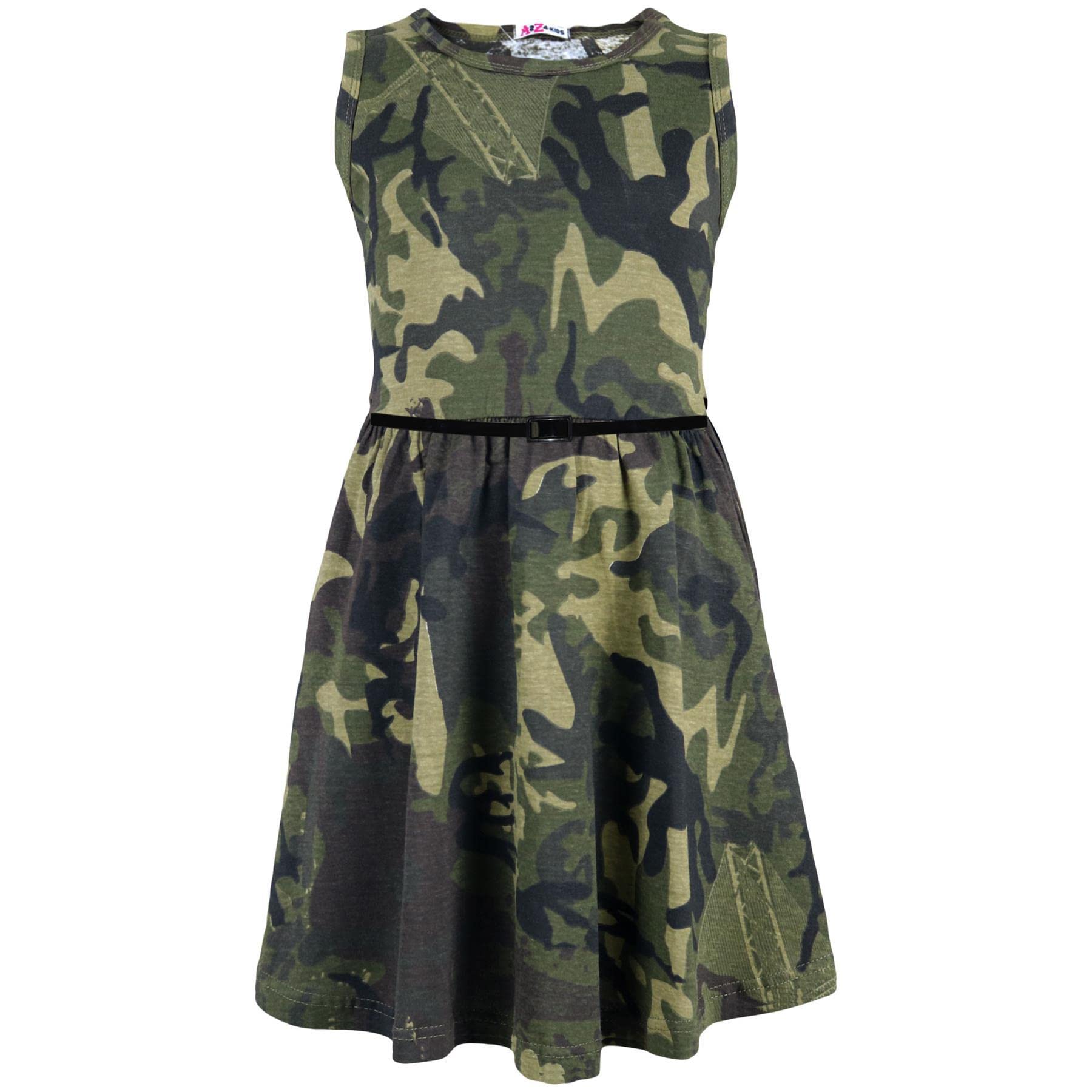 A2z 4 Kids Girls Green Sleeveless Skater Dress With Belt Cotton - A2z Camo Skater Dress 13