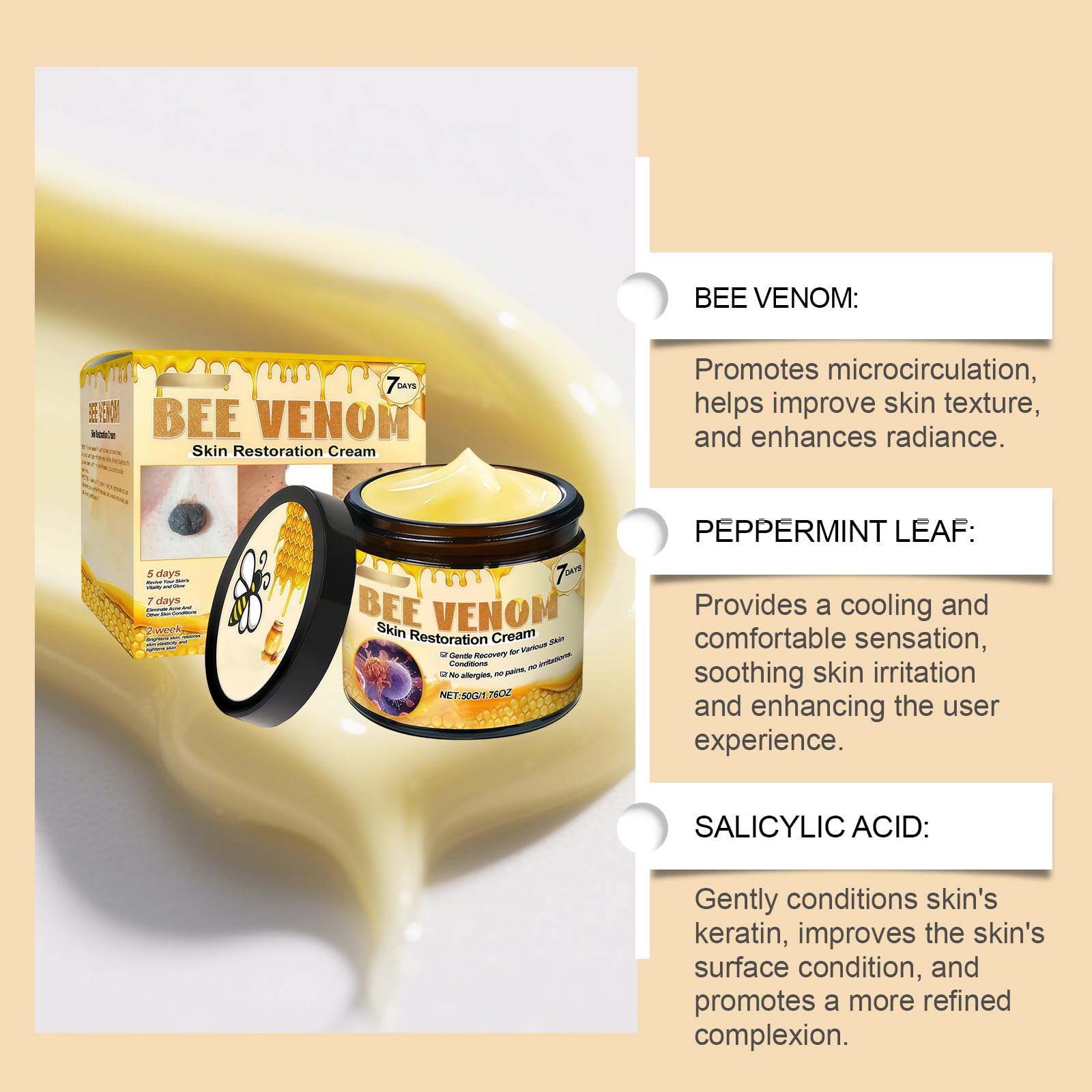 Crema rigenerante della pelle con veleno d'api, crema naturale per la cura della pelle, idratante antirughe per tutti i tipi di pelle, con booster al collagene per una pelle rassodante