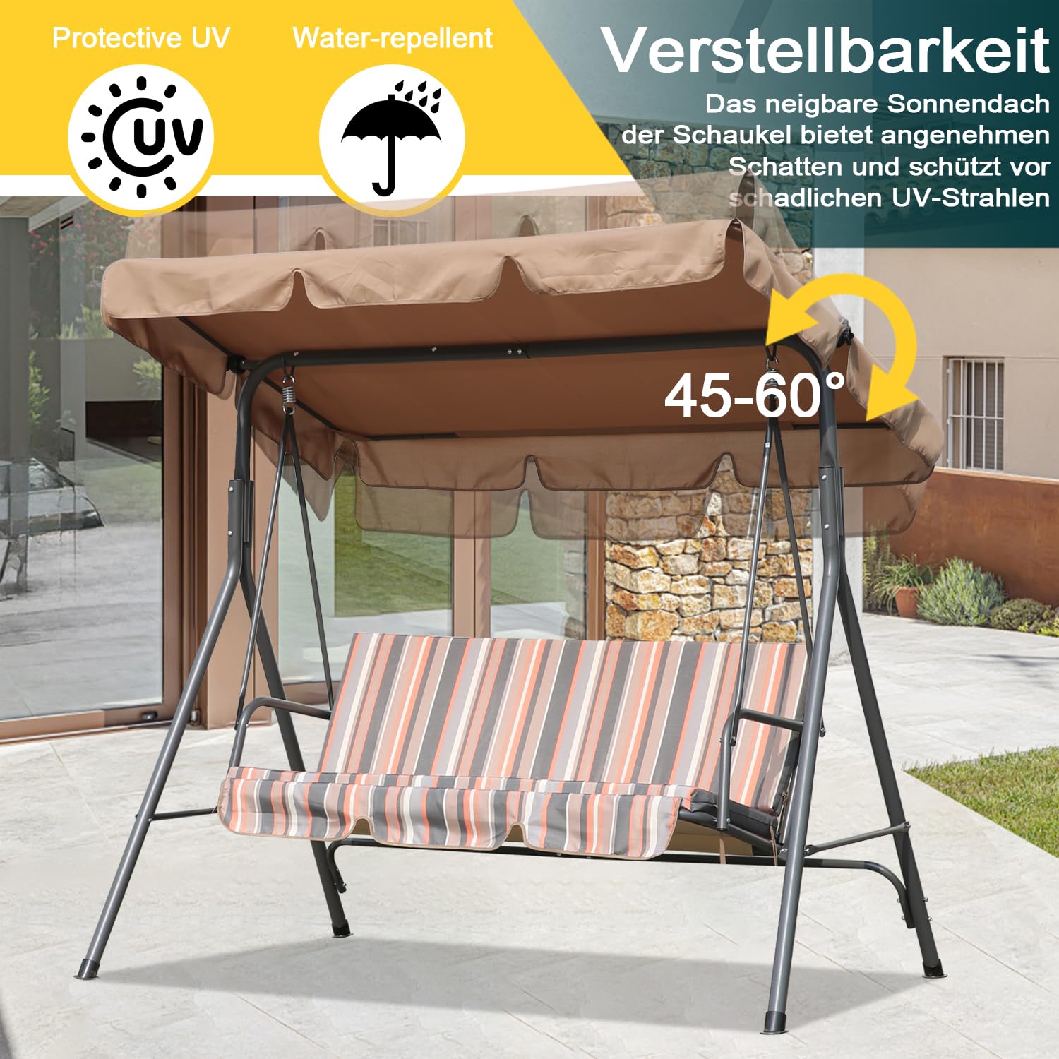 Angel Living® Dondolo da Giardino a 3 Posti con Tettuccio Parasole Beige/Arancione 169x110x151cm (Cachi)