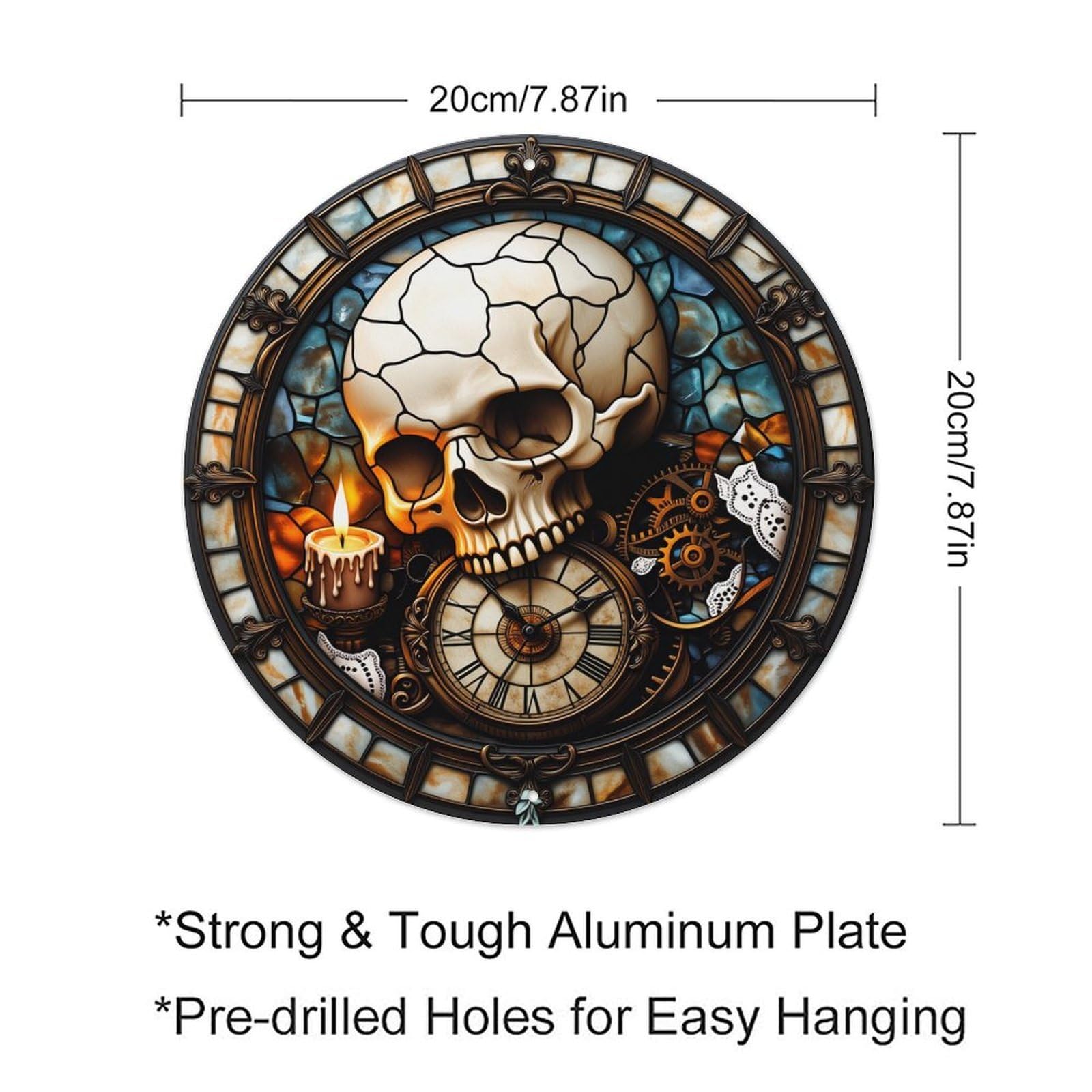 Skull Clock Stained Glass Candle Gears Retro Metal Sign Round Tin Sign, Vintage Decor Art Poster for Bar, Home, Man Cave, Kitchen, Laundry Room Gift 8x8Inch