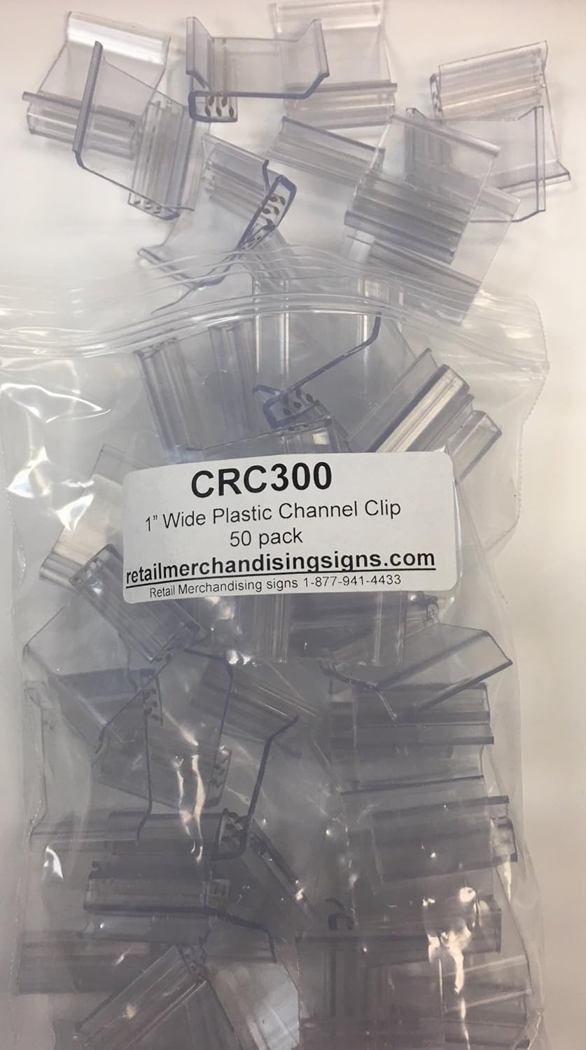 CRC300 - Clear Plastic Channel Clip 1 Wide Business Store Signs Holders (50 Pack) Cards Sold Separately