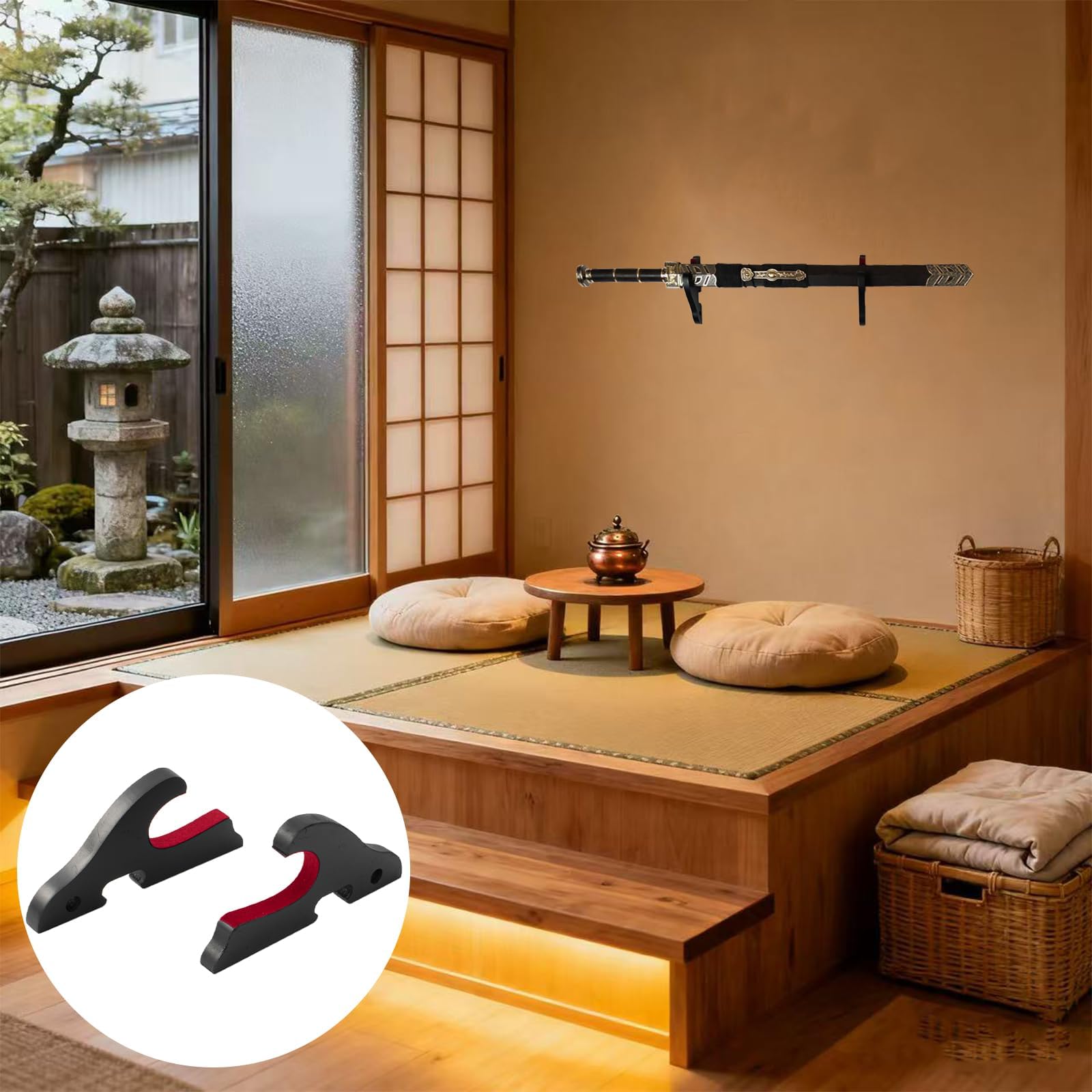 Set di 2 Supporti da Parete per Spada Katana, Ganci Regolabili con Imbottitura in Velluto, Porta Spade in Legno Nero per Katana, Wakizashi, Tanto, Sable Laser, Cosplay, Espositore da Muro Stile Giappo