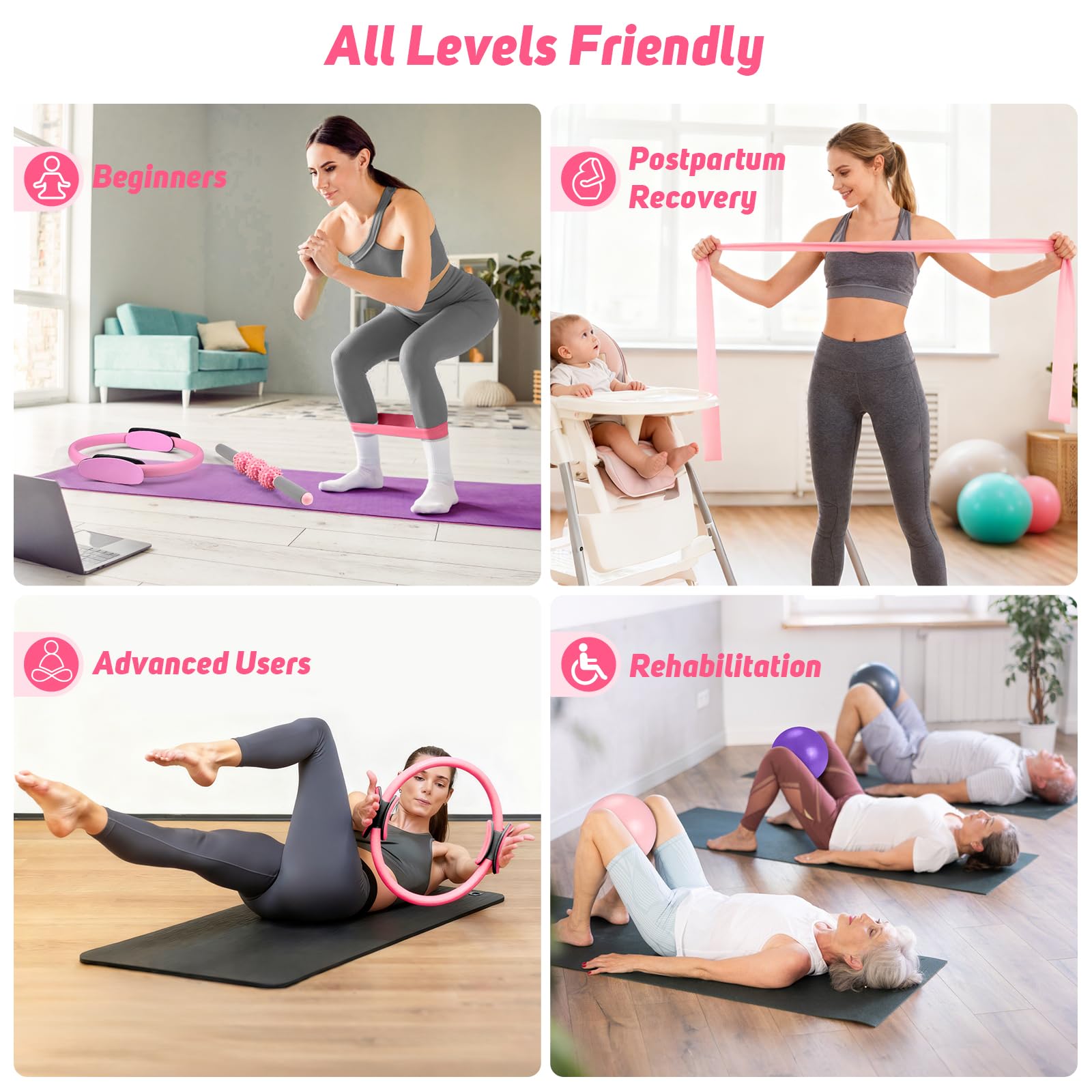 Asten Kit de Pilates à Domicile : Équipement avec Anneau, Balle, Bandes de Résistance, Curseur et Rouleau en Mousse