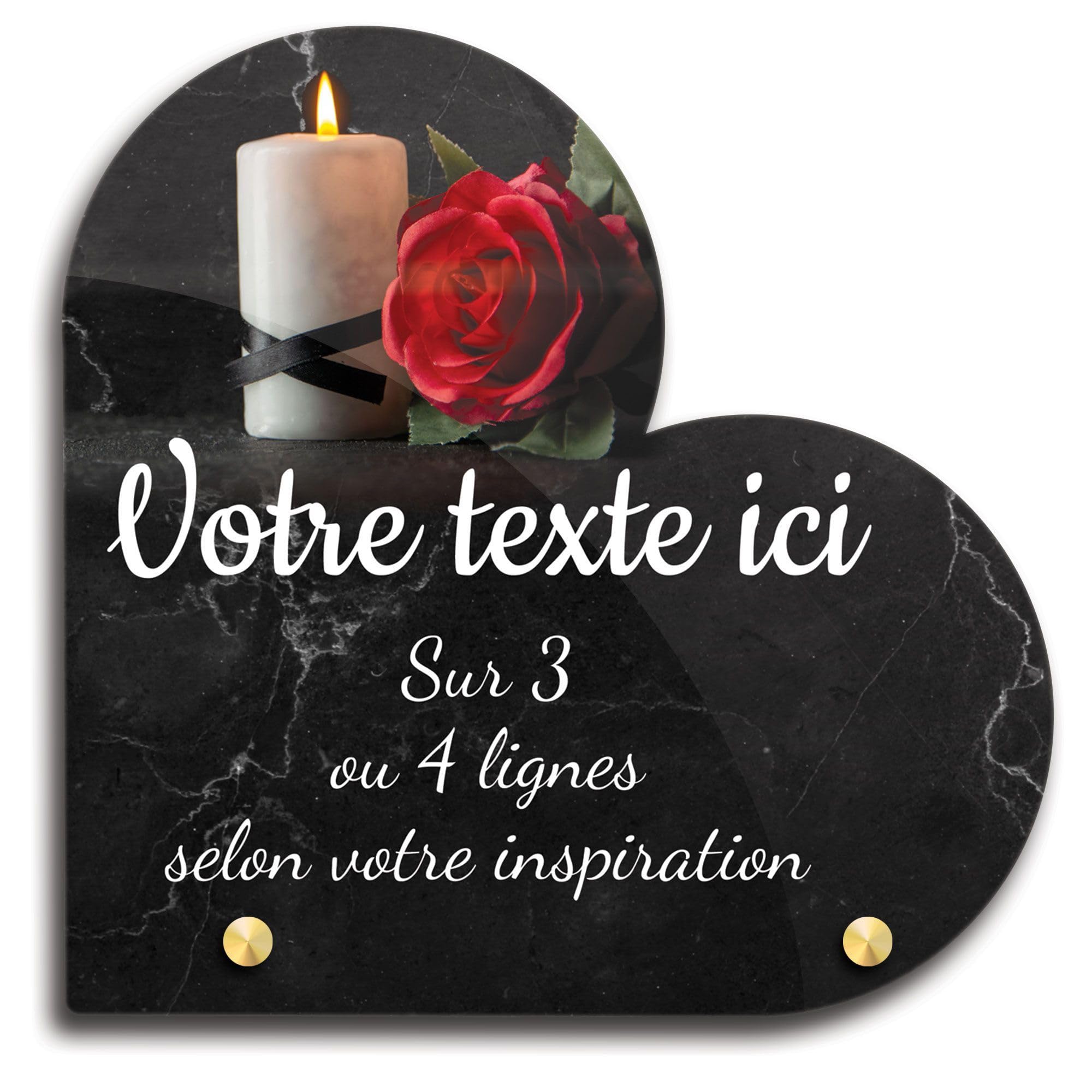 Placa funeraria corazón personalizable en plexi, diseño de vela y rosa roja, diferentes tamaños, grosor de 6 mm, personalizado en varias líneas, 20 x 20 cm