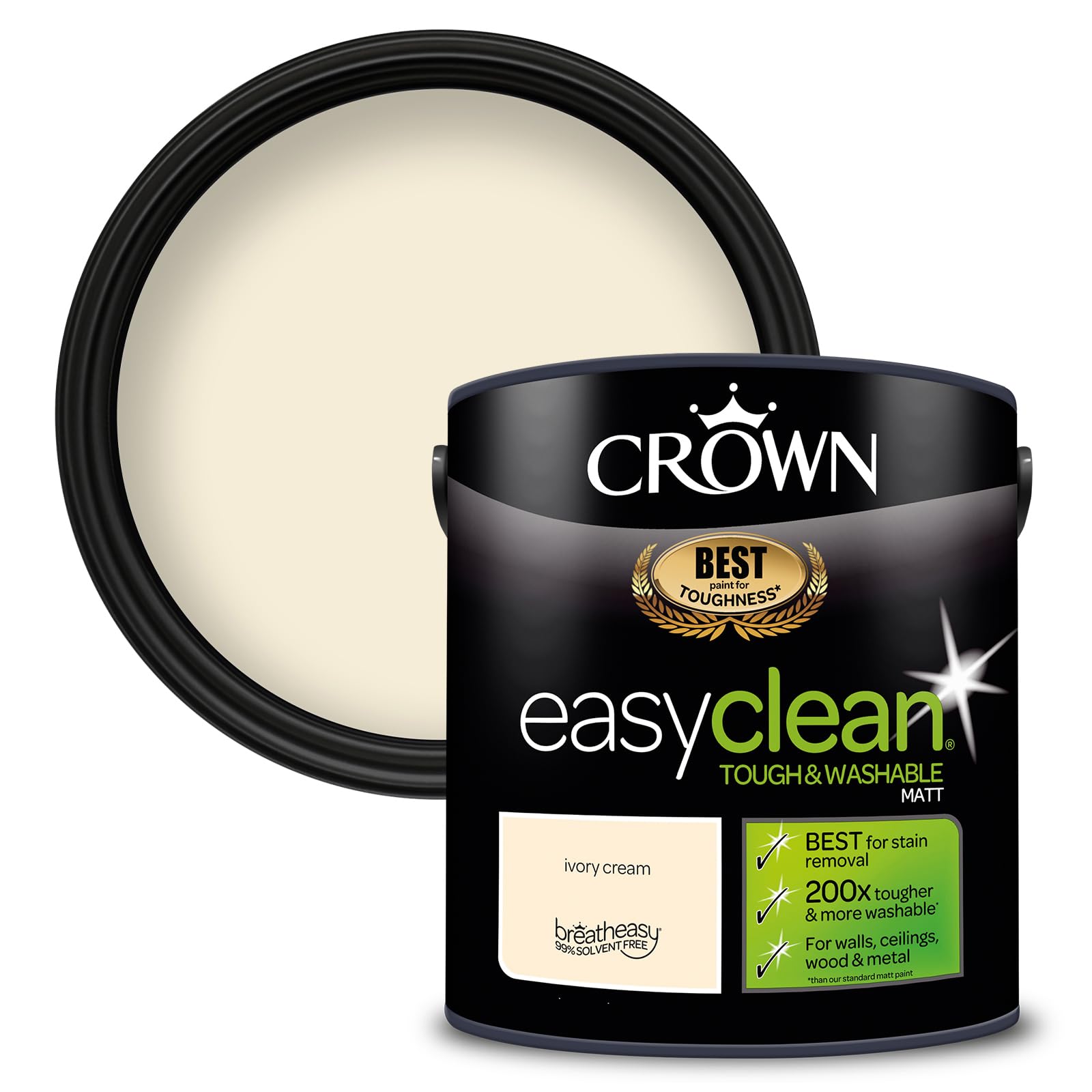 Crown Ivory Cream - Washable Matt Emulsion Paint for Walls and Ceilings - Stain Resistant - Classic Cream Finish - Hallway and Playroom - Water Based, Low Odour Paint - 2.5L