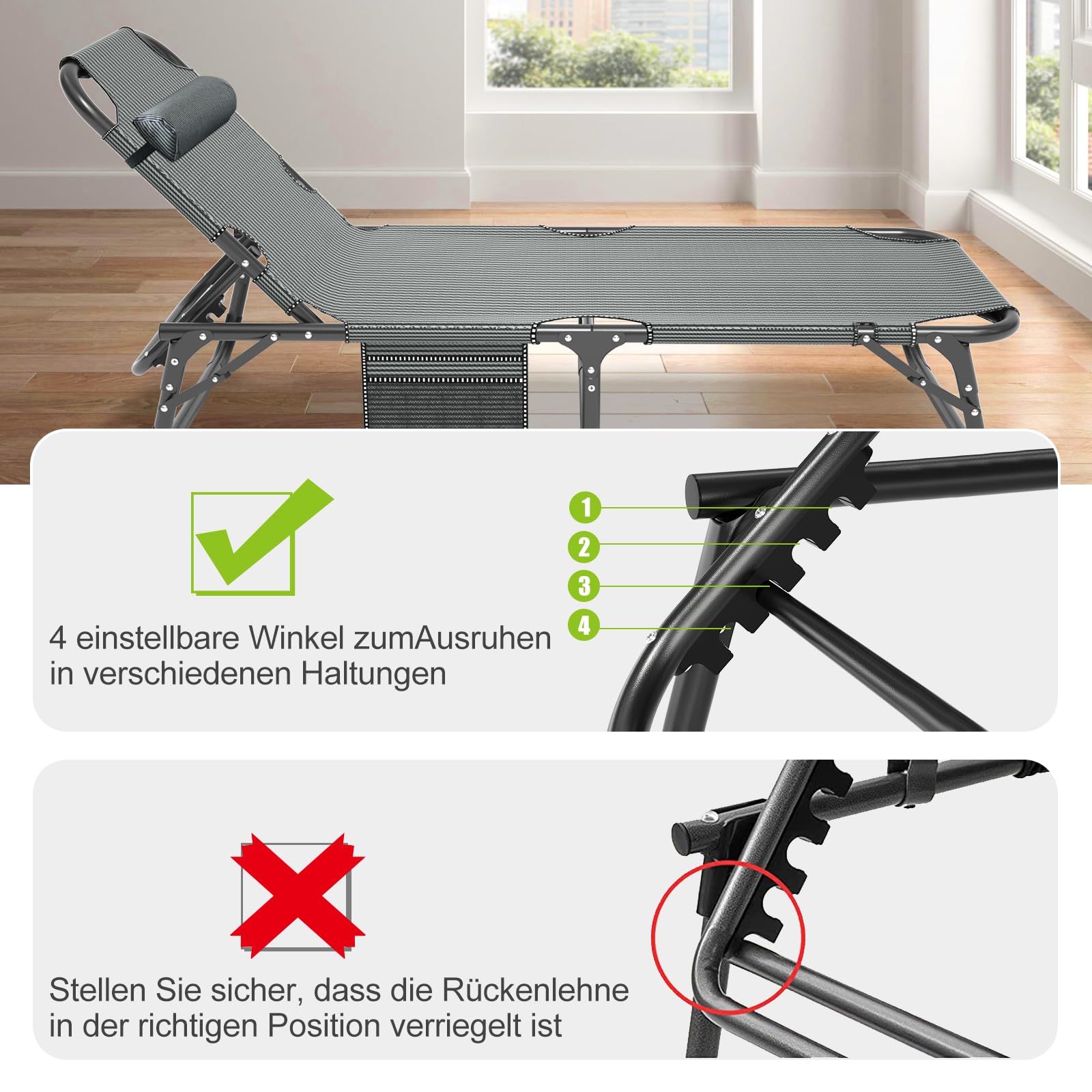 Klappbar Sonnenliege Gartenliege Klappbett, 200kg Belastbar Klappbar Liegestuhl Gästebett mit Matratze und Kopfstütze, Relaxliege für Balkon, Garten, Kann als Campingbett