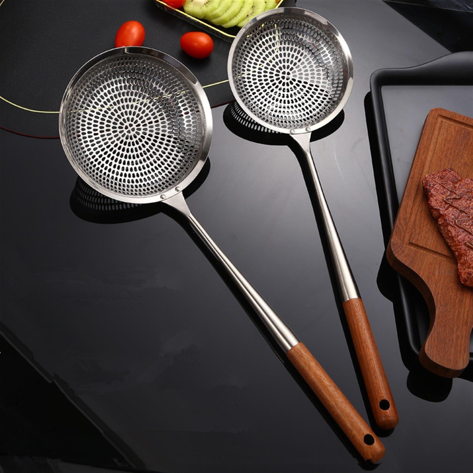 Colador Espumadera Cuchara Ranurada Inoxidable, Mango largo de madera Colador de pasta Escurridor de fideos Cucharas Espumador de cocina Colador de papas fritas Filtro de alimentos Nuevos utensilios d