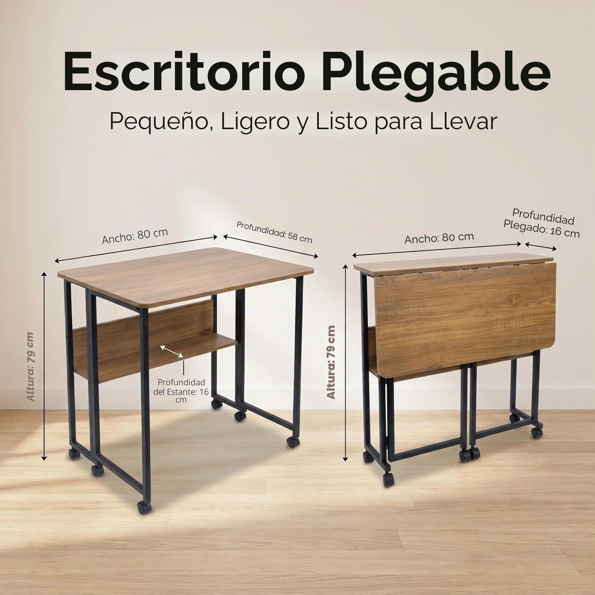 Fiutazge Mesa Escritorio Plegable con Ruedas y Almacenamiento, Mesa Plegable de Pequeño Espacio para Estudio, Casa Oficina, Computadora Manualidades,Marrón y Negro