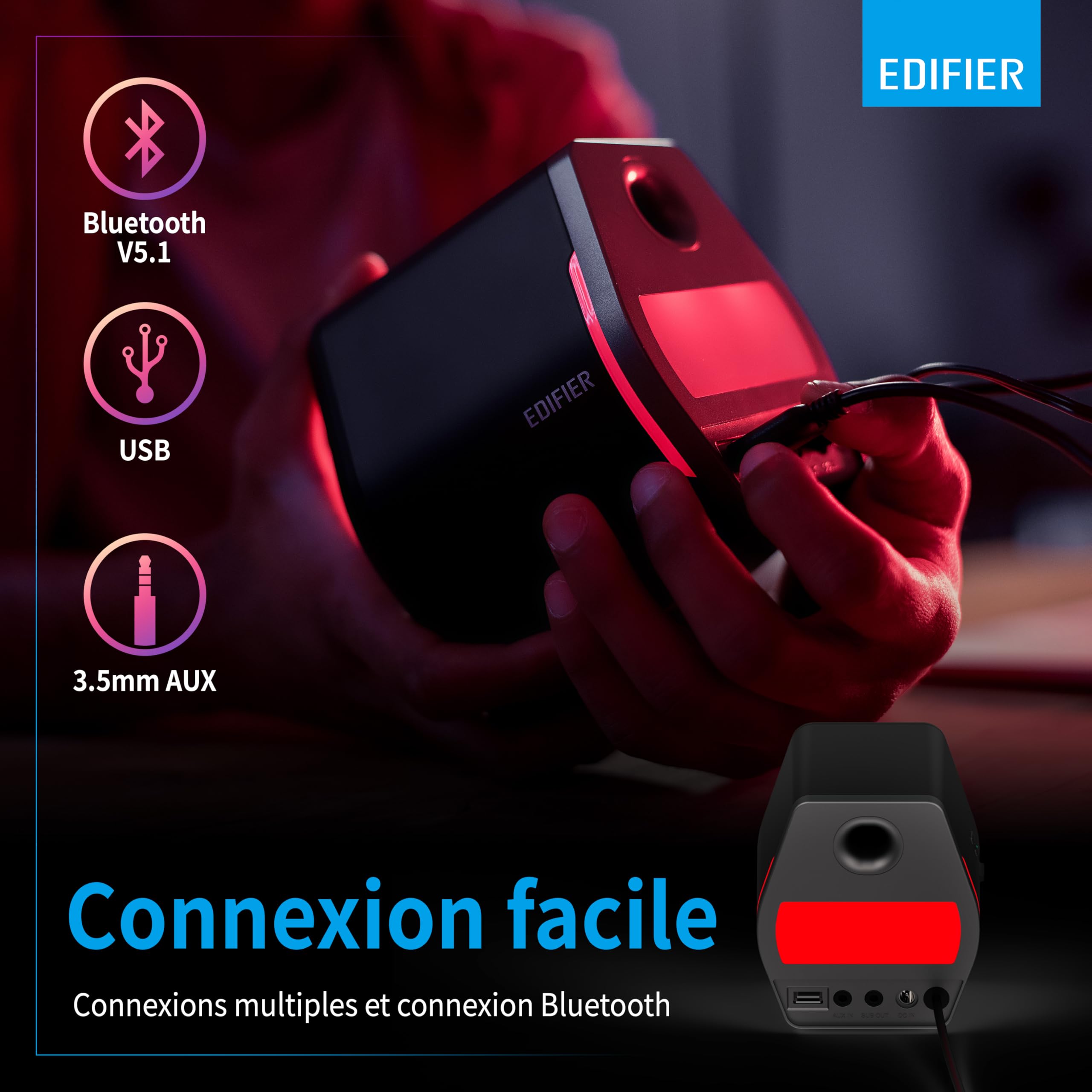 Edifier G2000 - Enceintes Bureau 2.0 Bluetooth Gaming RGB Noir