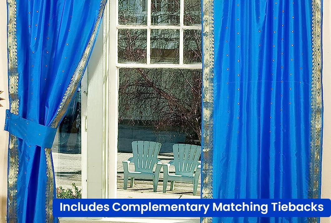 Handcrafted Blue Indian Sari Curtains, Tiebacks Included Lined Tab Top Sari Sheer Curtains, 43"W x 24"L, Privacy & Insulation for Living Rooms, Bedrooms, and Dining Rooms, Sold in Pairs
