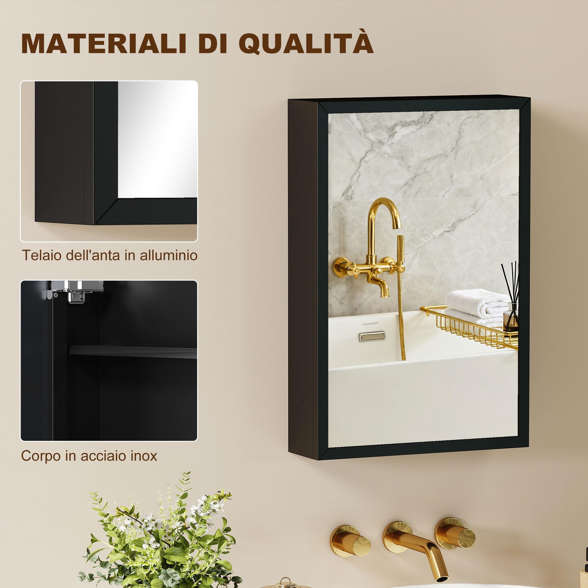 kleankin Specchiera Bagno in Acciaio con Armadietto a 3 Ripiani, Pensile Bagno con Chiusura Ammortizzata, 40x12x60cm, Nero