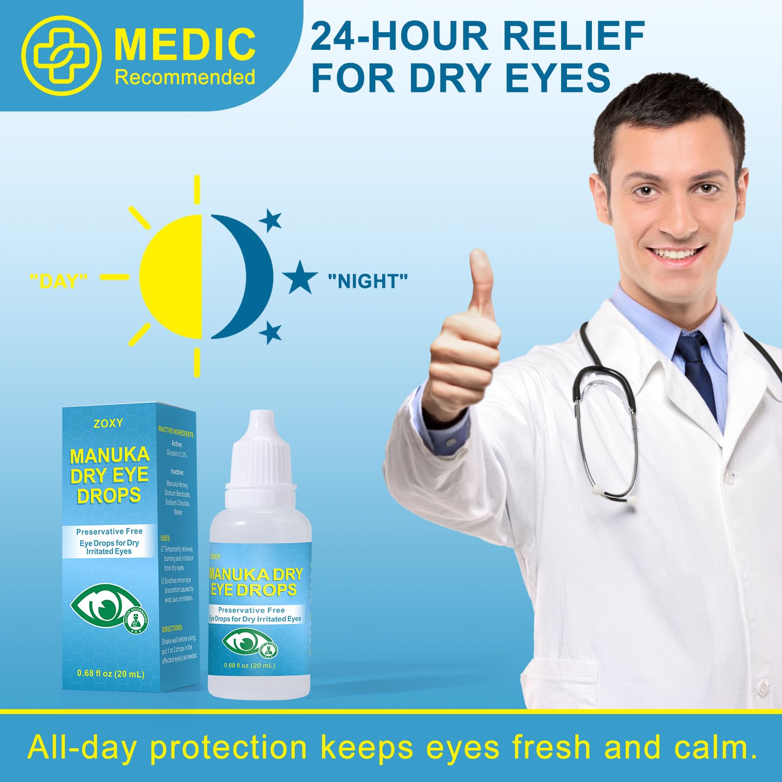 ZOXY Manuka Honey Eye Drops, Soothing and Hydrating Eye Drops for Dry Eyes, Irritated Eyes, Gentle Tear Replenishing Formula,0.68 FL OZ — Amazon image 5