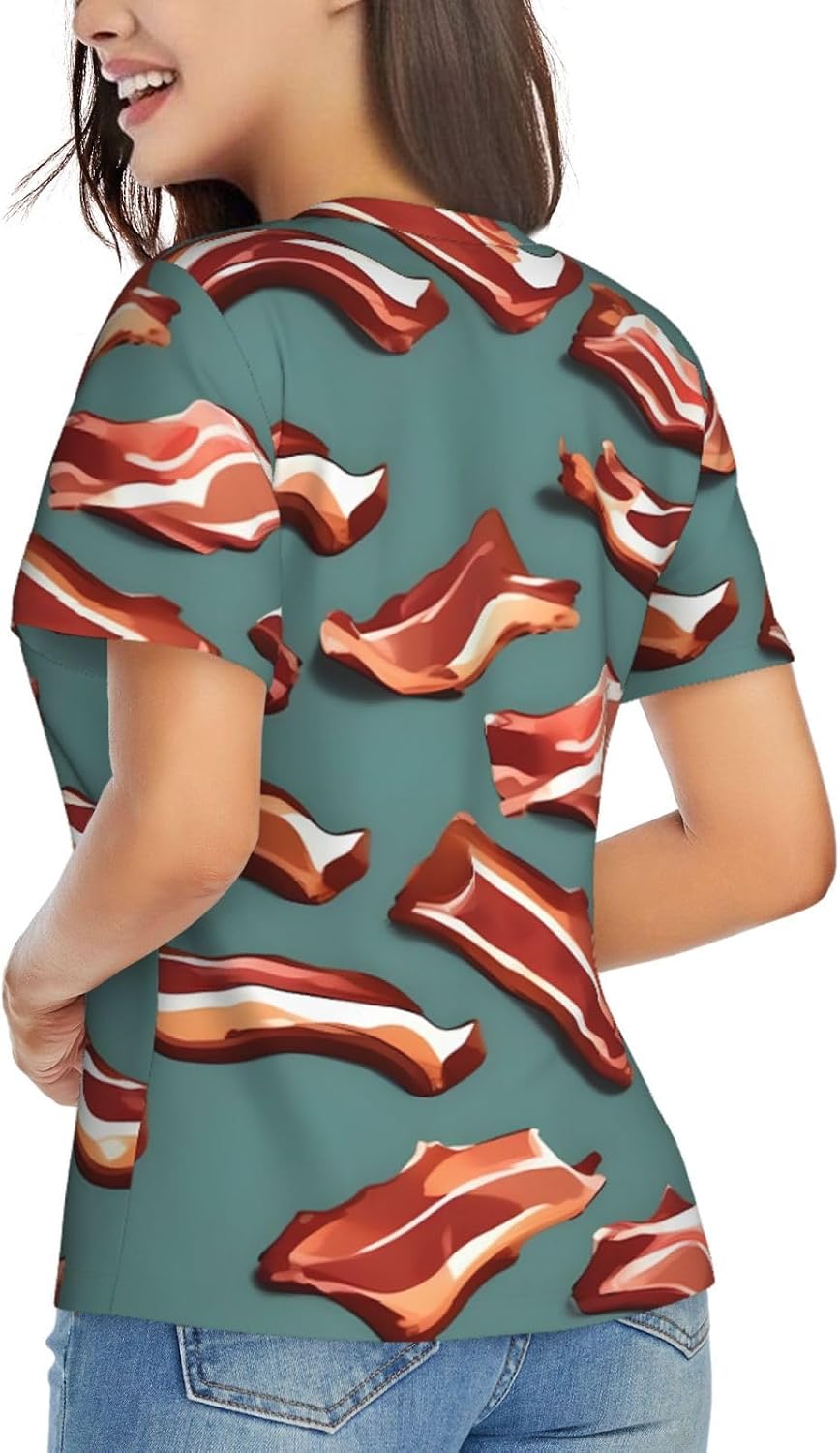 Womens Streaky Bacon Pattern Print Short Sleeve V Neck T-Shirts Casual Breathable Tee Basic Summer Tops 2026