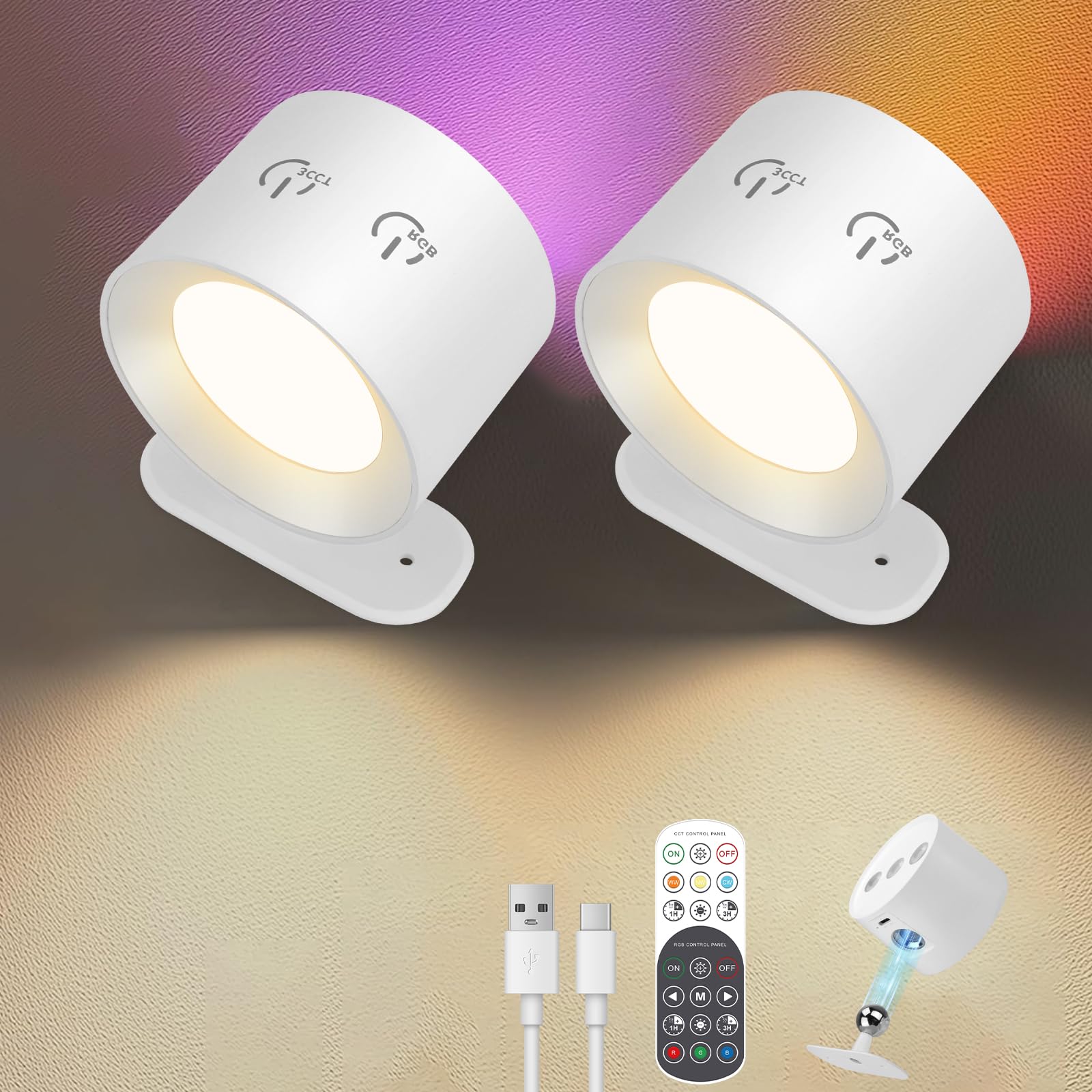 QCXWCJWD Battery Operated Wall Lights 2Pack, Rechargeable LED Wall Lamp,15 RGB & Dimmable Magnetic 360°Rotatable Sconces Wall Lighting, Remote and Touch Control for Bedroom Livingroom Reading(White) — image 1