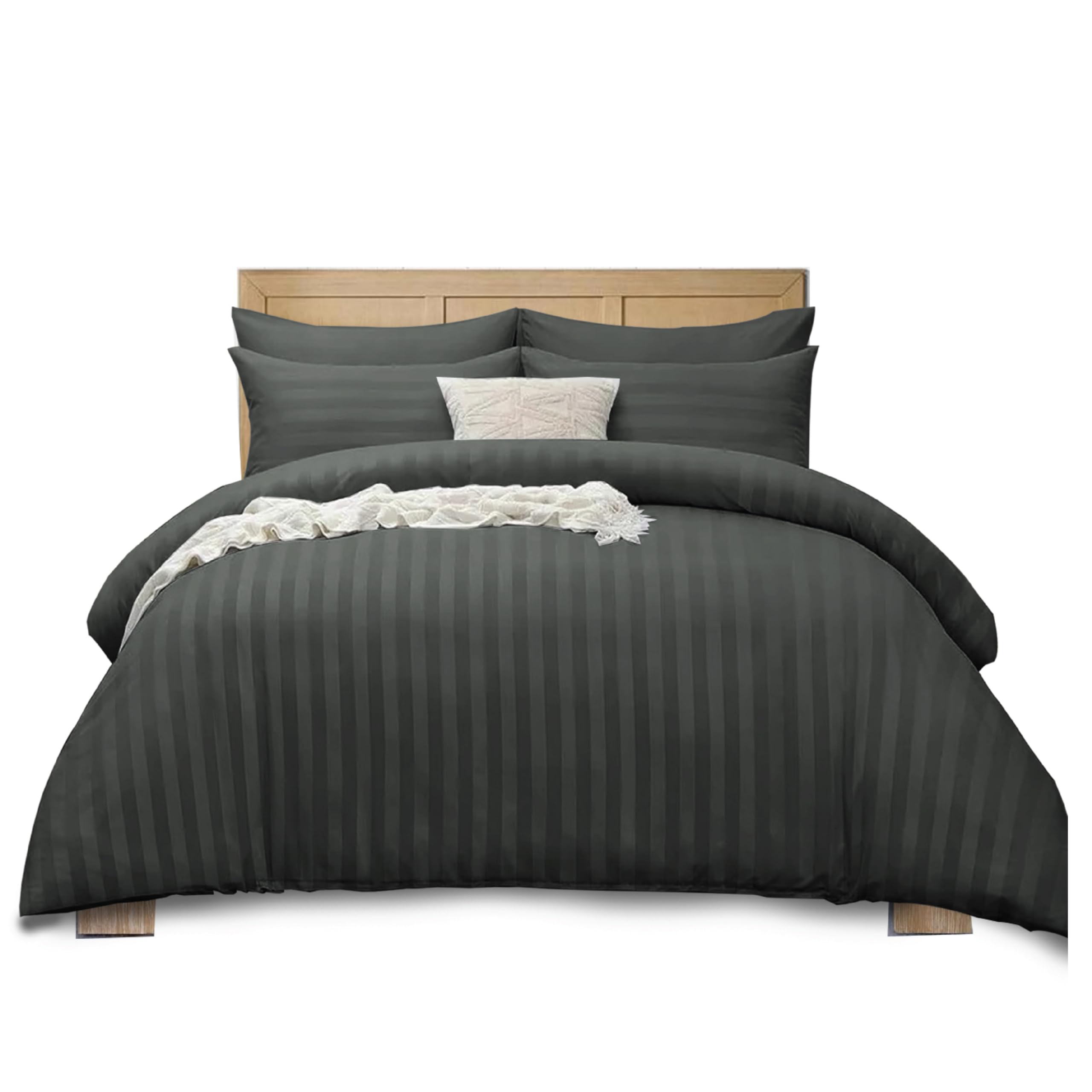APEX FURNISHINGS Satin Stripes Super King Duvet Cover Set Reversible Soft Breathable Microfiber Bedding with 2 Pillowcases, Super King Bed Set (Charcoal)