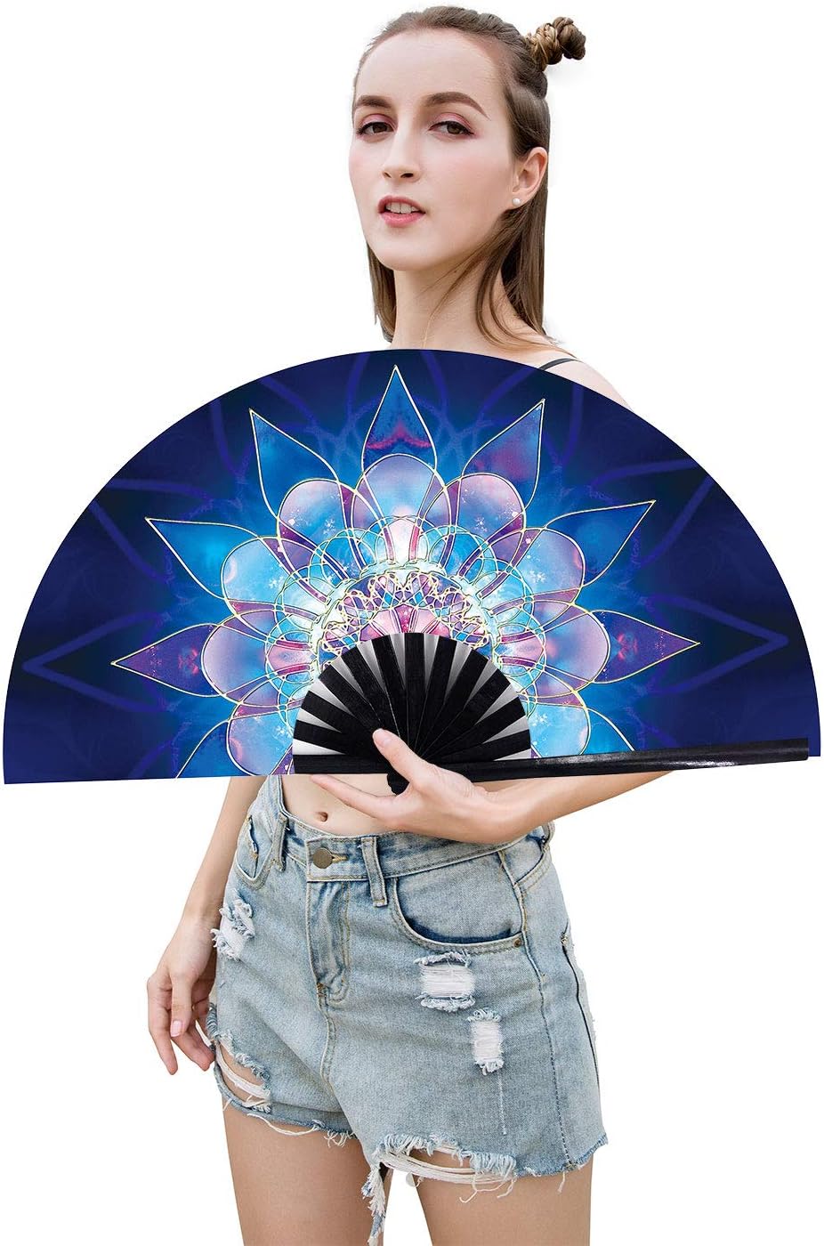 Large Rave Folding Hand Fan Handheld Fan, Blue Flower image 2