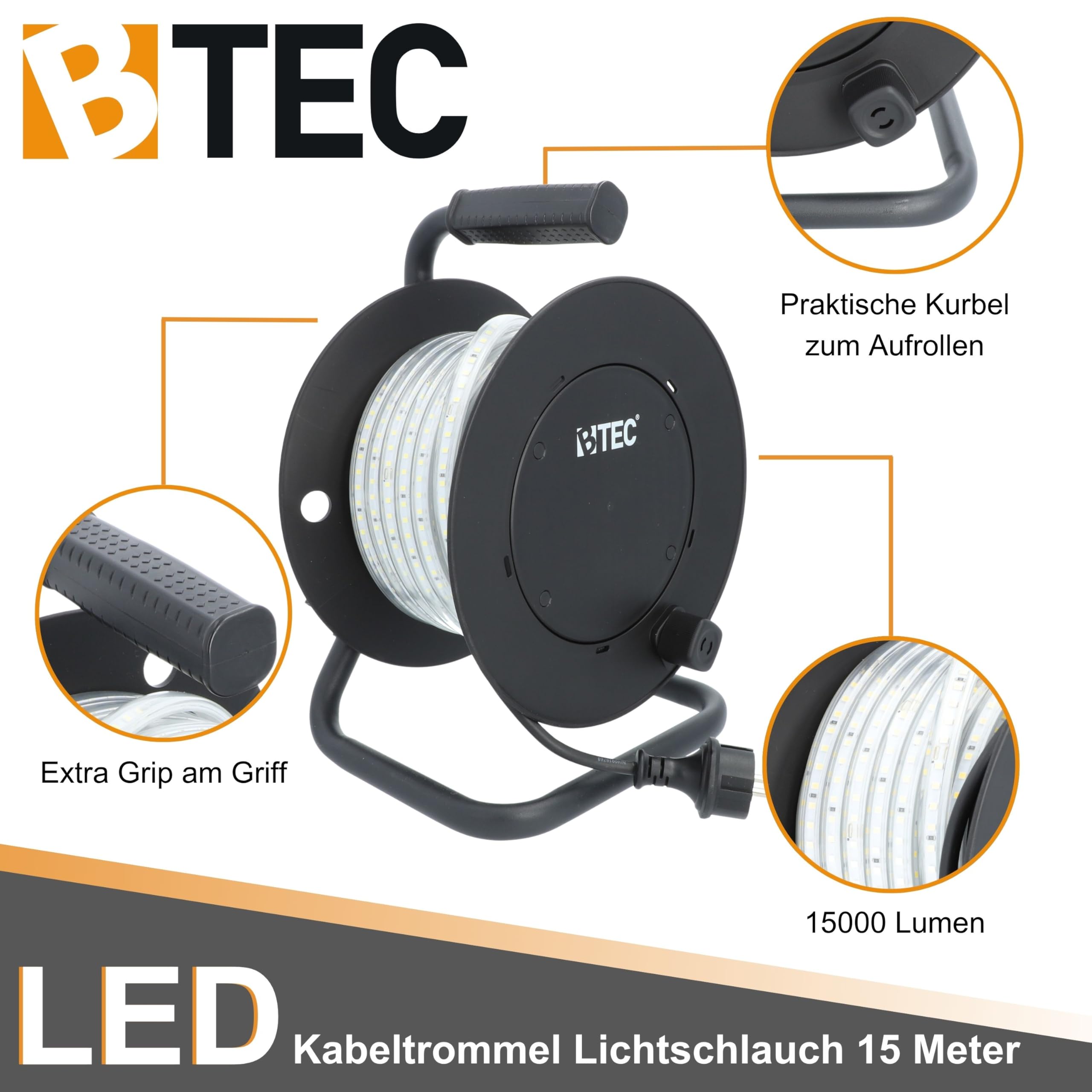 BTEC LED Lichtschlauch Kabeltrommel 15m – 135W 15000lm – IP54 Outdoor & Indoor – Baustellenbeleuchtung, Gartenbeleuchtung, Partylicht, Arbeitslampe, erweiterbar bis 70m
