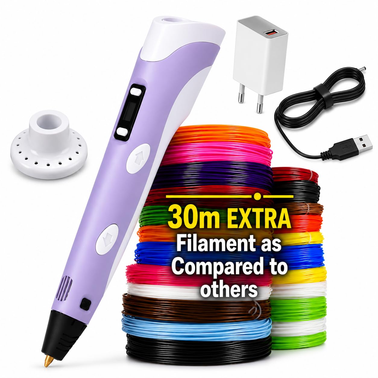 Purple 3D Pen 2 with 30M PLA Filament (7 Colors) & USB Adapter, Easy-to-Use 3D Drawing Pen for Kids, DIY Art, Crafts & Creative Learning-image-9